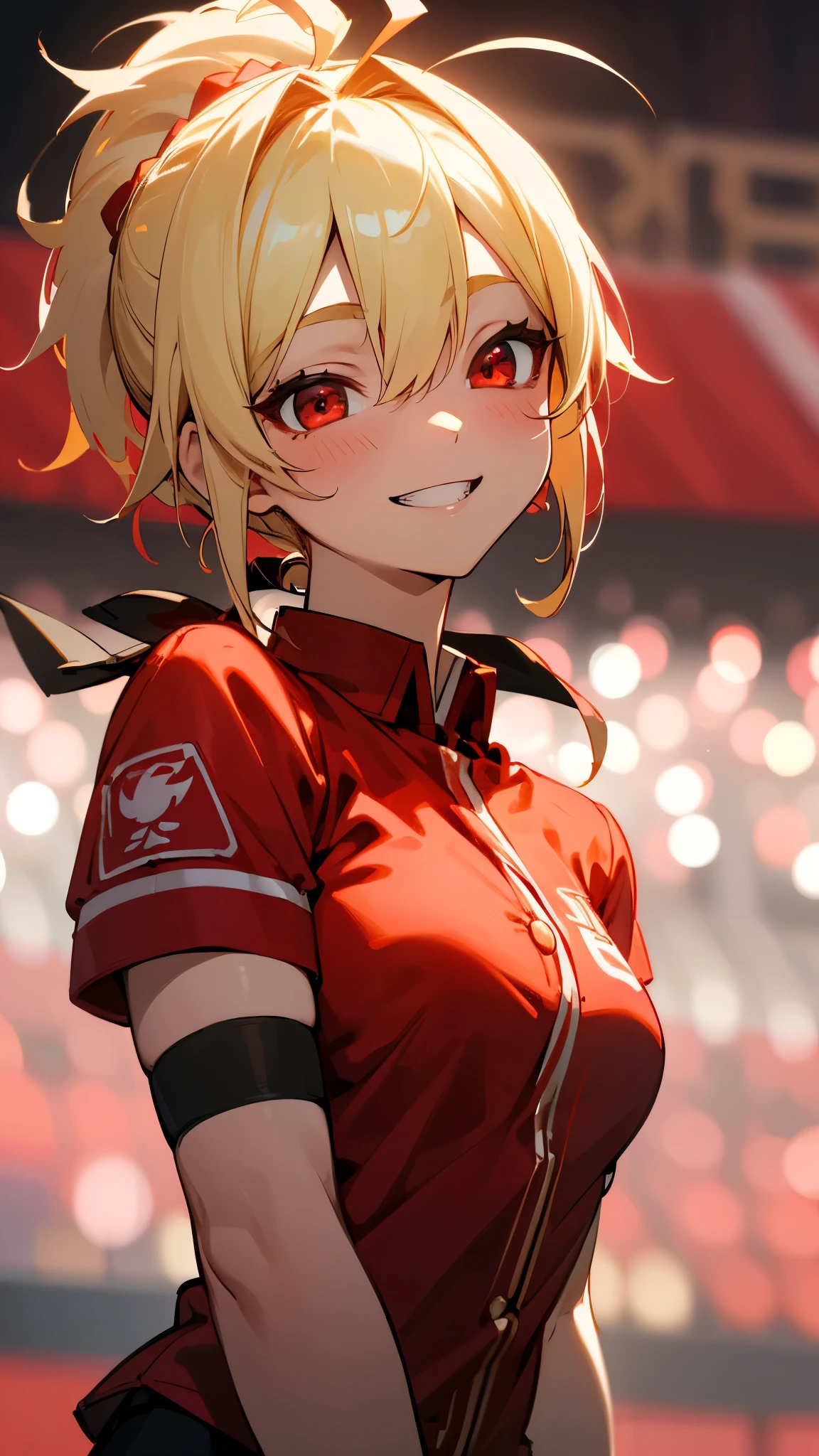 1 girl、8k、Sharp focus、(Bokeh) (highest quality) (Detailed skin:1.3) (Intricate details) (anime)、Blonde ponytail、Ahoge、Beautiful red eyes、smile、Vibrant colors、Red Shirt、red wristbands、Grin、Upper body close-up、Stadium stand background