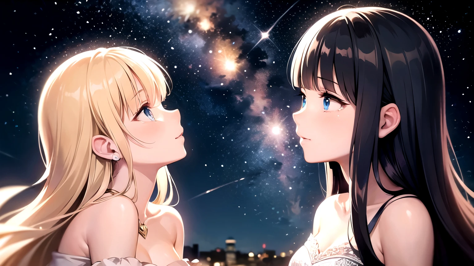 ((highest quality)), ((masterpiece)), (detailed), Perfect Face、profile、One Girl、Brown Hair、Long Hair、White dress、Looking up at the night sky、shooting star、Cami dress、tears、Bangs、Blue Eyes、Light in the eyes、Close your mouth、girl,blunt bangs