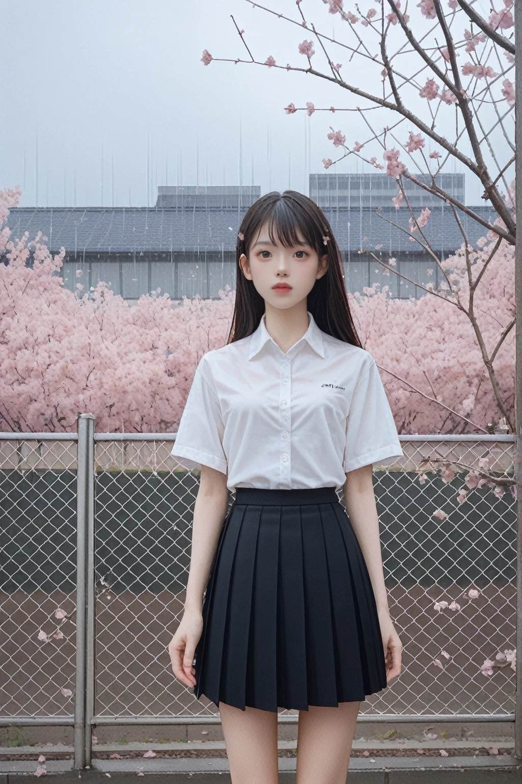 score_9,score_8_up,score_7_up,1girl, black skirt, branch, building, chain-link fence, cherry blossoms, fence, long hair, outdoors, petals, pleated skirt, rain, shirt, short sleeves, skirt, solo, standing, tree,
sky,street