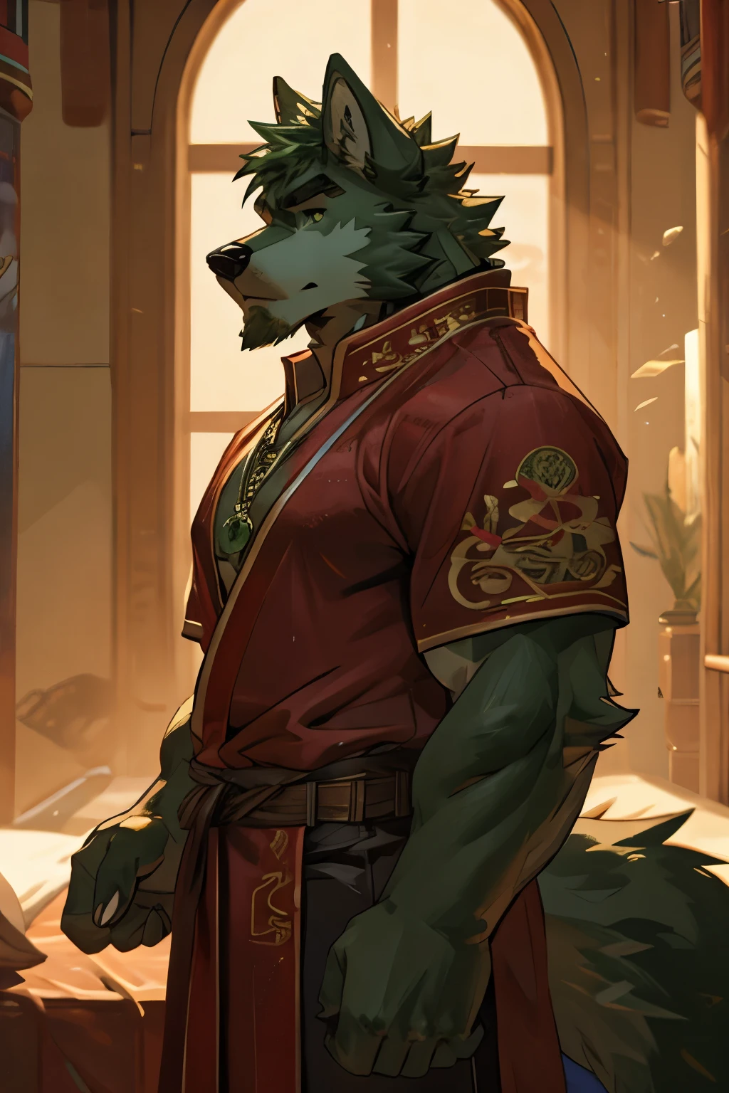 It's a wolf，youth，There is no beard on the face，Not very strong，Has green eyes，With dark green hair，Has a black and green tail，Wearing dark green ancient Chinese clothing，Thick fabric，A jade pendant hangs around the waist，He often wears a pair of leather boots bought from the West.，The background is in the room，He lay on his side in bed，The face is full of enjoyment