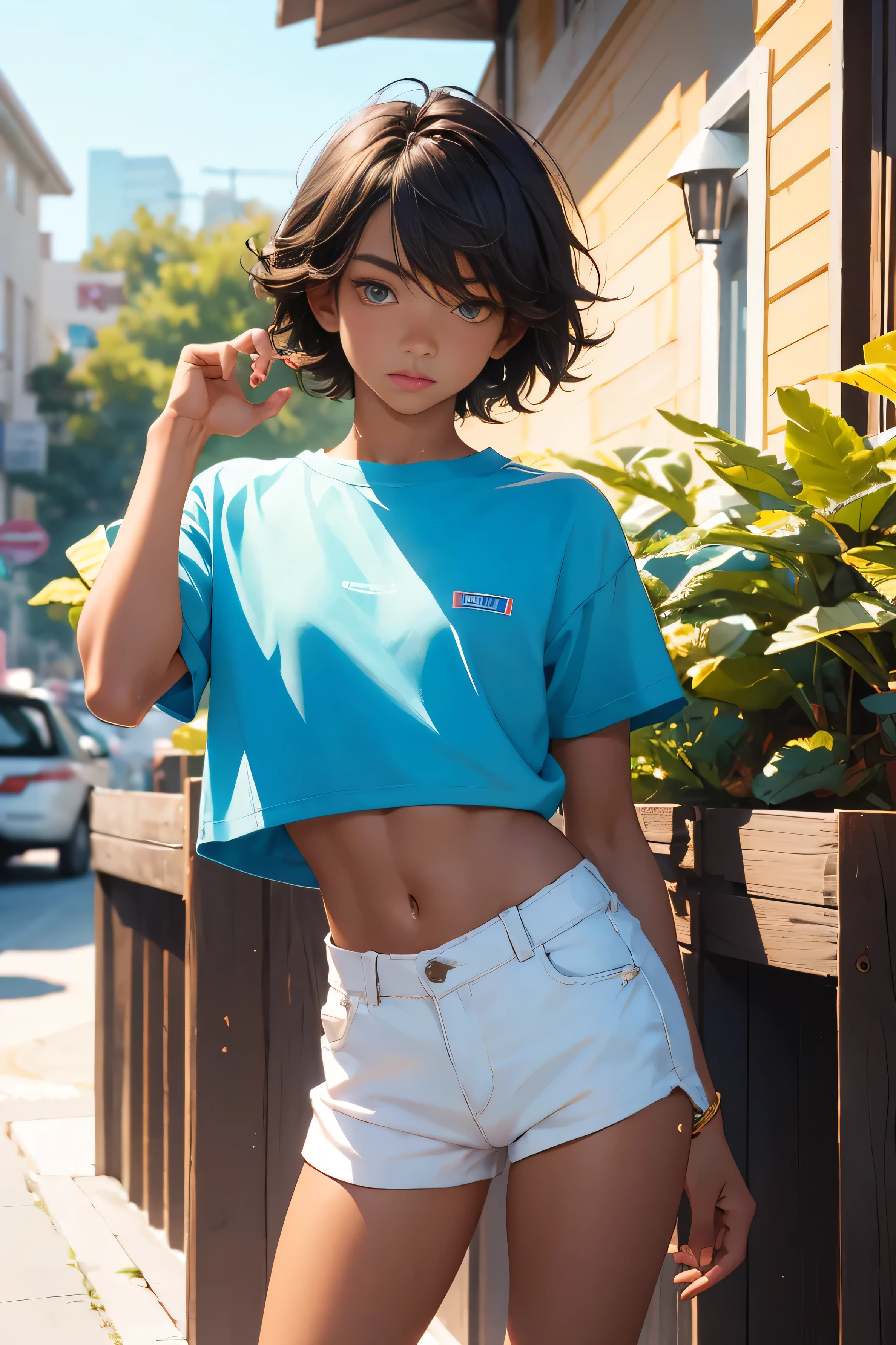 , beautiful teen boy is wearing apped shirt and too very much short mini shorts, the boy's legs are beautiful, tanned, bangs, flirty posing, hot summer, top quality,