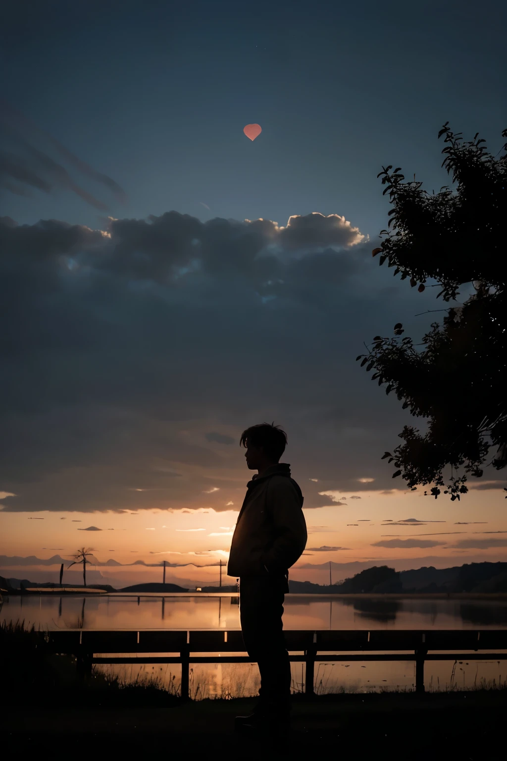 In the dimming twilight, a lone figure sits on a weathered bench beneath a willow tree, its branches swaying mournfully in the evening breeze. The boy's silhouette is hunched, shoulders weighed down by an unseen burden, as tears trace silent paths down his cheeks. Behind him, a desolate landscape stretches into the distance, echoing the emptiness within his heart.