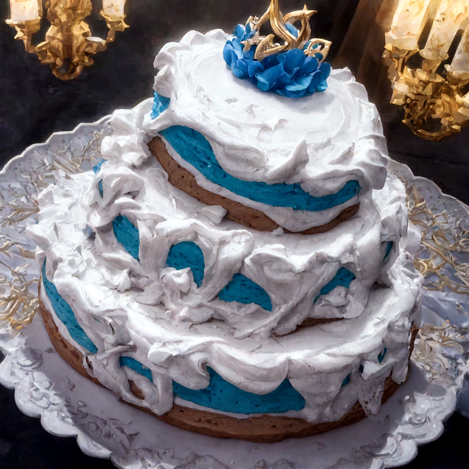 designed insert, rococo style, hiper HD, mesa, preciso, super detalhe, detalhes altos, premiado, alta qualidade, 8K
,(seamless integration:1.37),Surrealistic illustrations of amazing food, amazing composition, culinary art photography, Great food photos, Arte de cozimento, cinema 4 d art, Autores:por Marie Bashkirtseff, feito com photoshop, Colagem 3D, Epic 3D illustrations, Besouro. hiperfotorrealismo, cake has layers of rich chocolate sponge with a peppermint cream filling. It's covered in white fondant with delicate blue and silver snowflake patterns. The top is adorned with intricate edible snowflakes and a dusting of powdered sugar that resembles freshly fallen snow.