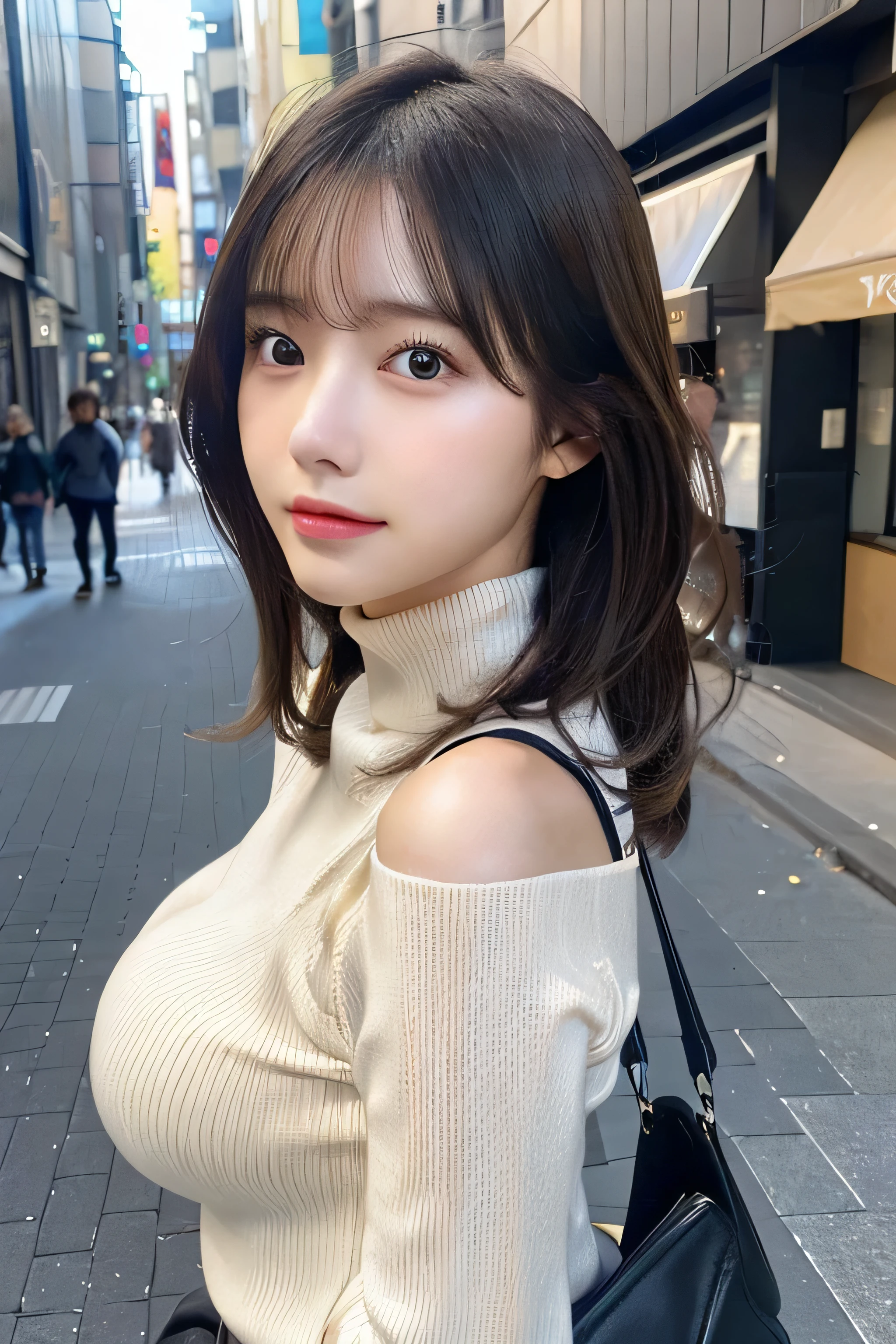 (Colossal tits、Turtleneck sweater、shoulder bags)、(top-quality,masterpiece:1.3,Ultra-high resolution,),(ultra - detailed,Caustics),(Reality:1.4,RAW shooting,)Hyper-realistic capture,A very detailed one,HD 16K human skin、 Natural skin texture、、Skin looks healthy、even skintone、 Use natural light and color,A woman who is,japanes,,kawaii,A brunette one,mid hair,(depth of fields、color difference、、Wide range of lighting、naturalshadow、)、(Hair swaying in the wind:1.2)、Streets of Tokyo、Large Breasts、