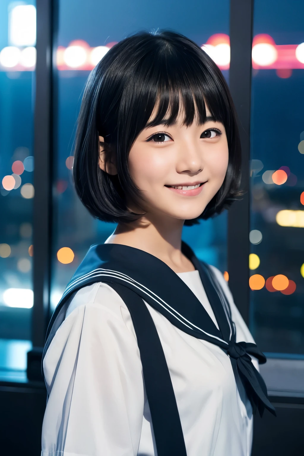 One Girl、6 year old Japanese girl、short hair、Jet Black Hair、With bangs、black eye、smile、Sailor suit、(Photo of your face:1.4)、In a room with a large window、Big city at night、Tall Tower、Neon Light、Look at the audience、Stand facing the viewer