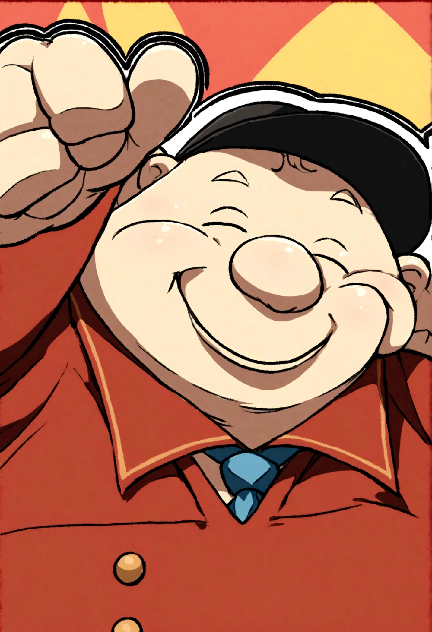 fat man in red shirt and black cap smiling doing thumbs up sign style cartoon