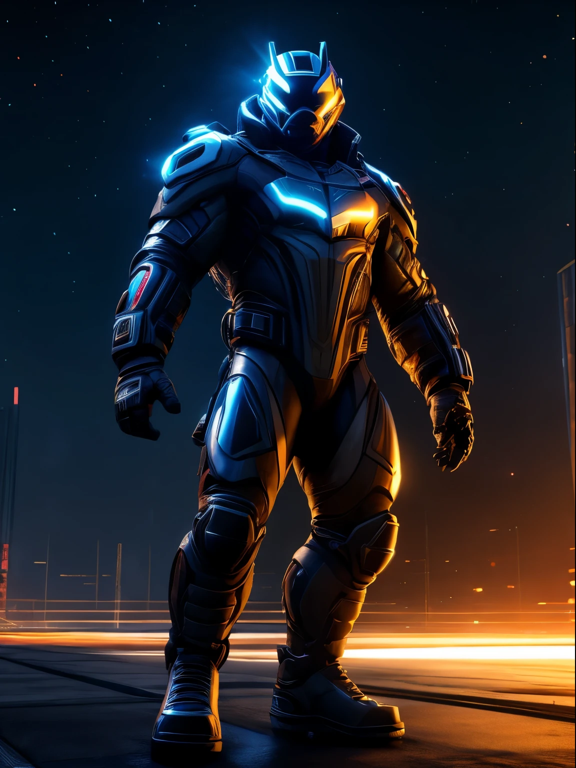 male, cyber suit, 10 meters tall, night, High resolution images, Dynamic lighting, Realistic lighting, HDR, 8K