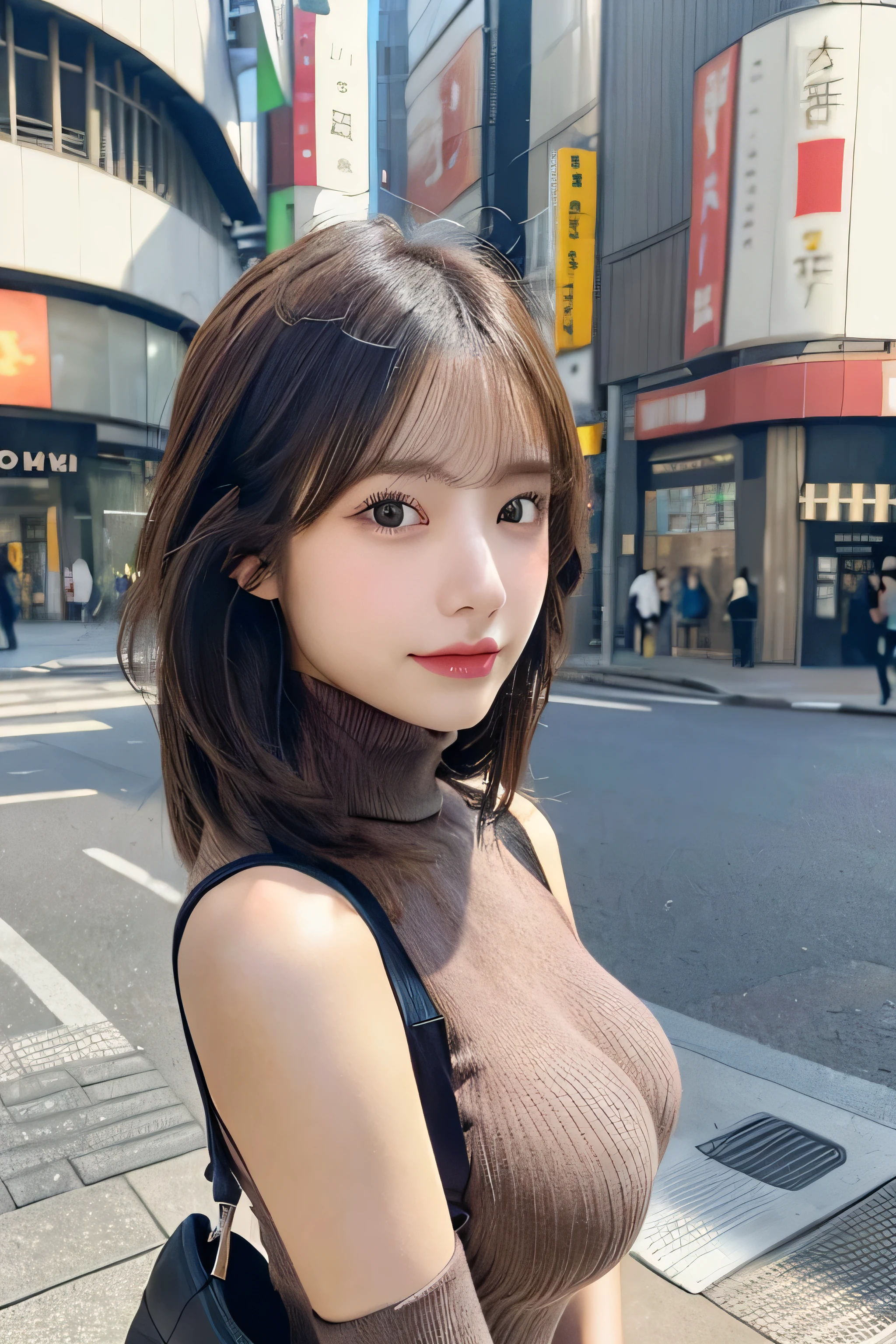 (Colossal tits、Turtleneck sweater、shoulder bags)、(top-quality,masterpiece:1.3,Ultra-high resolution,),(ultra - detailed,Caustics),(Reality:1.4,RAW shooting,)Hyper-realistic capture,A very detailed one,HD 16K human skin、 Natural skin texture、、Skin looks healthy、even skintone、 Use natural light and color,A woman who is,japanes,,kawaii,A brunette one,mid hair,(depth of fields、color difference、、Wide range of lighting、naturalshadow、)、(Hair swaying in the wind:1.2)、Streets of Tokyo、Large Breasts、