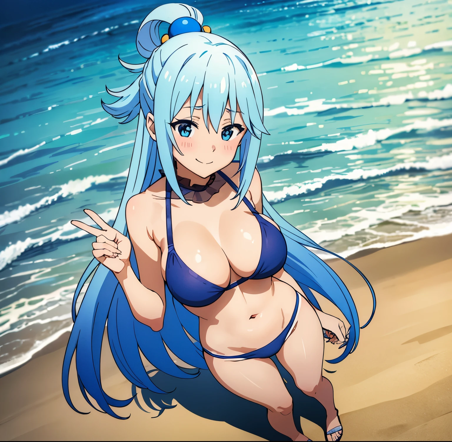 1 girl, alone, water, (masterpiece, best quality: 1.2), blushing, smile, long hair, blue hair, blue eyes, smile, closed mouth, mocking grimace, hand holding chest, full body, sexy body , looking at viewer, head on, focus on breasts, point of view (from above), rings in hair, large breasts, medium waist, wide hips, wide thighs, round butt, standing on sand, beach, sea, sun , clouds, blue bikini, blue bra, blue thong, perfect anatomy, perfect hands