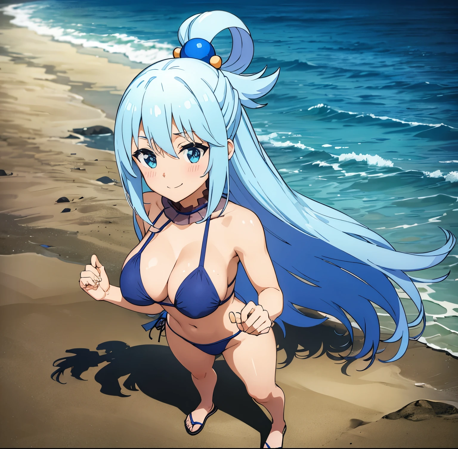 1 girl, alone, water, (masterpiece, best quality: 1.2), blushing, smile, long hair, blue hair, blue eyes, smile, closed mouth, mocking grimace, hand holding chest, full body, sexy body , looking at viewer, head on, focus on breasts, point of view (from above), rings in hair, large breasts, medium waist, wide hips, wide thighs, round butt, standing on sand, beach, sea, sun , clouds, blue bikini, blue bra, blue thong, perfect anatomy, perfect hands