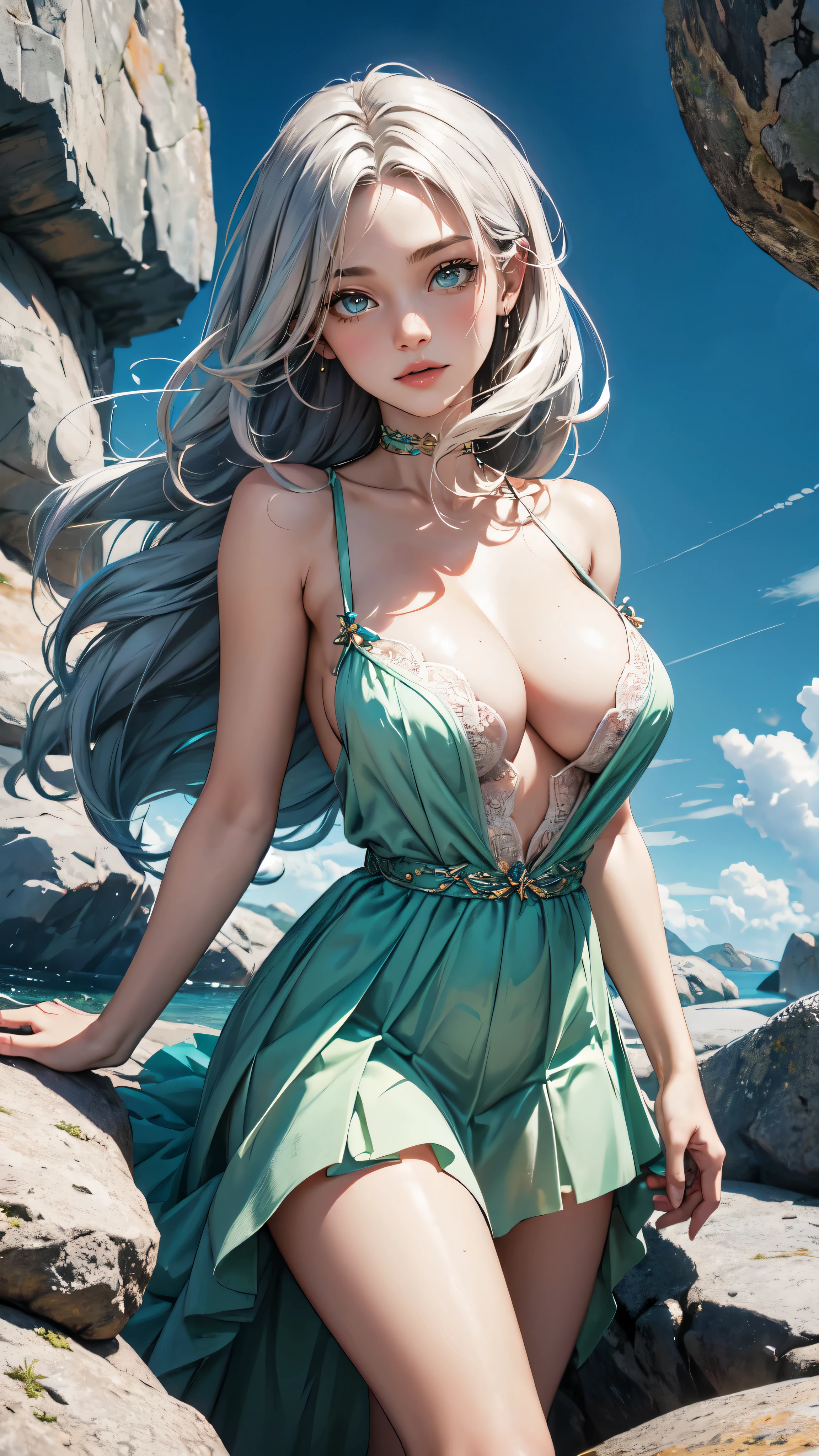 Tia is shown to have a fairly slender figure. She has white-grey hair , she has short hair and large pale green eyes, The girl in the picture appears with attractive feminine features and radiates charm and beauty. She has long hair that falls elegantly on her shoulders, and is colored in multiple colors that match her dress. The dress consists of a short, layered skirt, which adds movement and vitality to her appearance. The girl is standing in a rocky plateau mountainous area, where contrasting rocks of different colors can be clearly seen in the background. Radiant, cheerful colors emanate around them, forming beautiful colorful rings that fade into the air. The atmosphere seems full of energy and joy thanks to these colors scattered everywhere. Although it is located in a rocky area, the environment seems to surround it with praise and beauty, as if nature is celebrating its beauty. The girl appears as a supernatural force spreading happiness and beauty around her, as if she were a goddess of this wondrous mountainous land., cleavage exposed, ??????????????, superior quality, many details, Puri focus Sharp and realistic, detailed hands. detailed eys, detailed fsvr