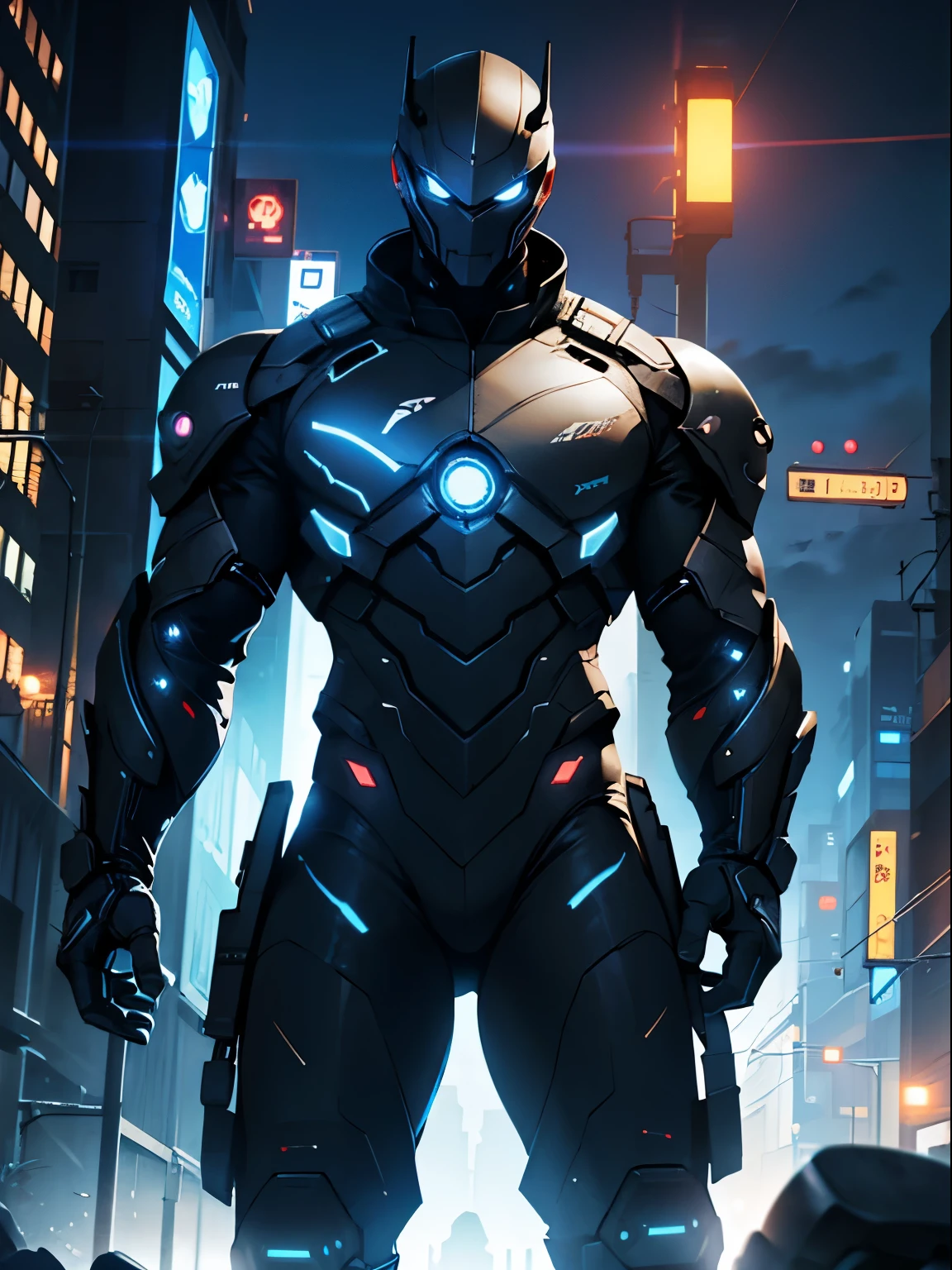 male, cyber suit, 10 meters tall, size differences, night, High resolution images, Dynamic lighting, Realistic lighting, HDR, 8K