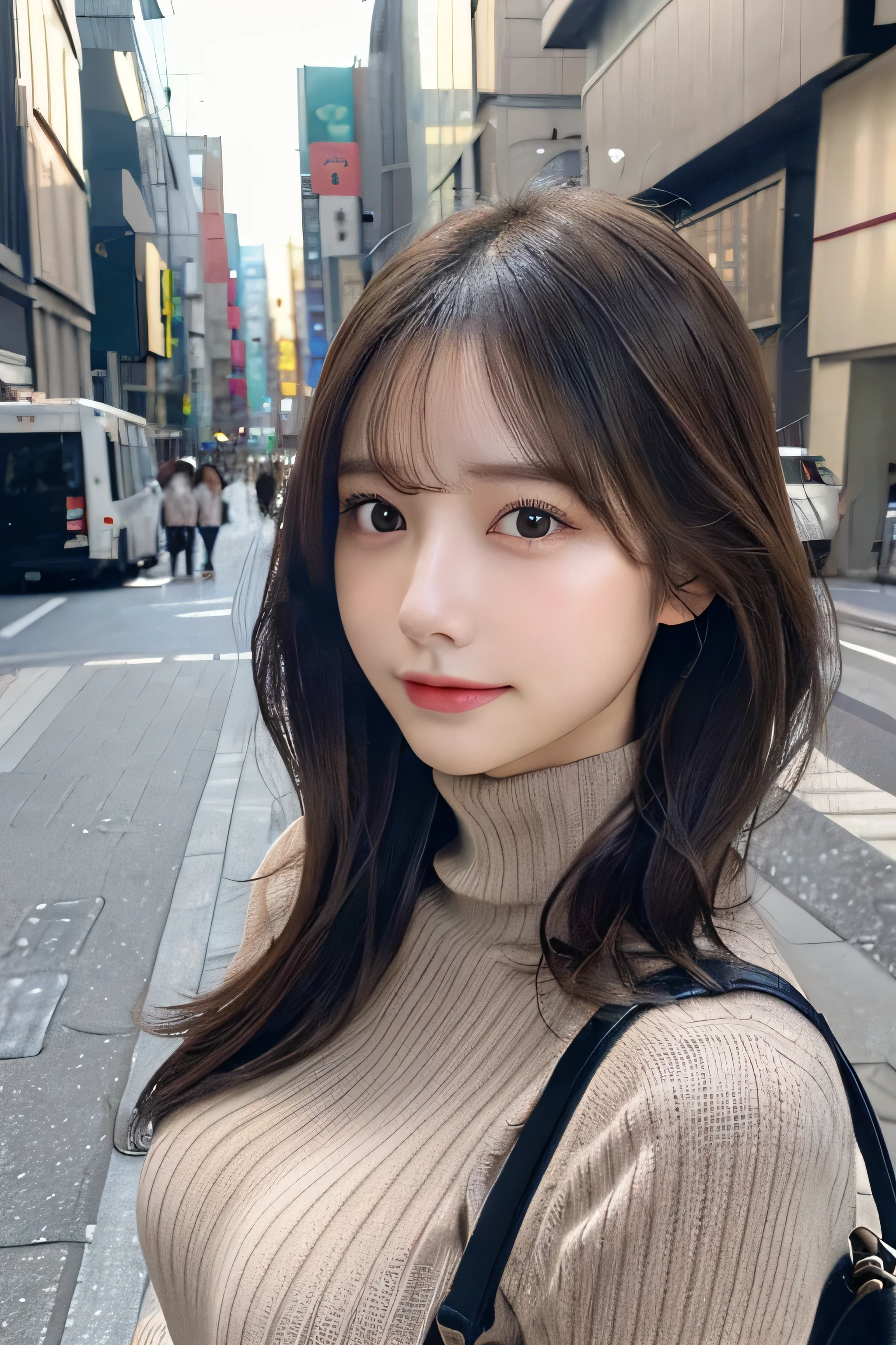 (Colossal tits、Turtleneck sweater、shoulder bags)、(top-quality,masterpiece:1.3,Ultra-high resolution,),(ultra - detailed,Caustics),(Reality:1.4,RAW shooting,)Hyper-realistic capture,A very detailed one,HD 16K human skin、 Natural skin texture、、Skin looks healthy、even skintone、 Use natural light and color,A woman who is,japanes,,kawaii,A brunette one,mid hair,(depth of fields、color difference、、Wide range of lighting、naturalshadow、)、(Hair swaying in the wind:1.2)、Streets of Tokyo、Large Breasts、