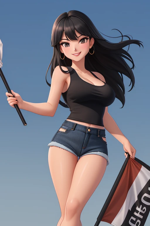 (best quality:1.3), (4K quality), (Detailed face:1.2), (Detailed eyes:1.2), 1girl, solo, Taiwanese woman, long black hair, With bangs,1 female in, 28 yo, Beautiful face, glossy lips, red lipstick, closed mouth, smirk, big breasts, deep cleavage, pale skin, smiling, teeth, ((Wearing: Black tight tank top, Tight Denim short-shorts, black high-heel shoes)), ((holding a flag:1.3)), ((Background: Outside, empty race track)), the woman is an race queen,
