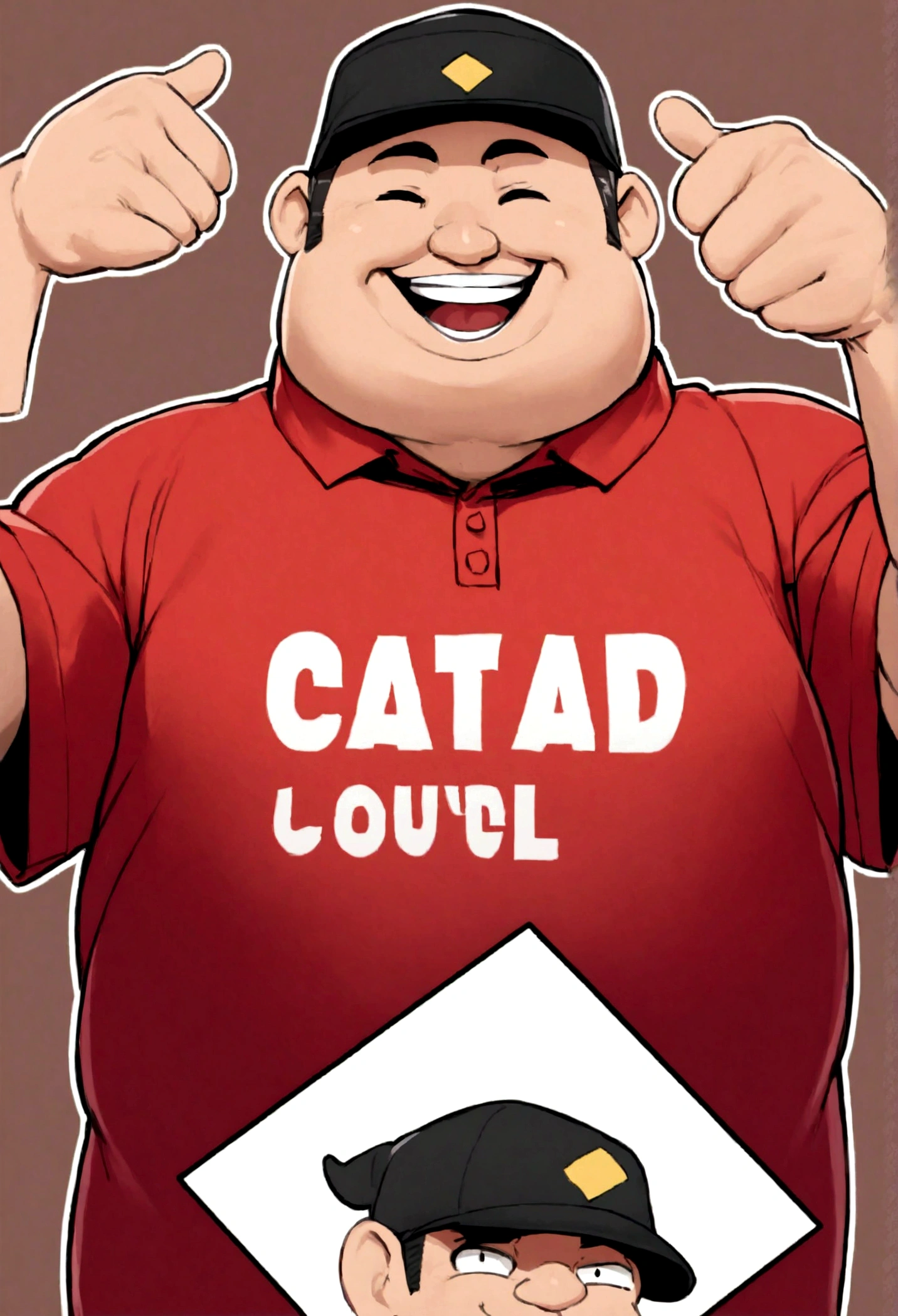 fat man in red shirt and black cap smiling doing thumbs up sign style avatar