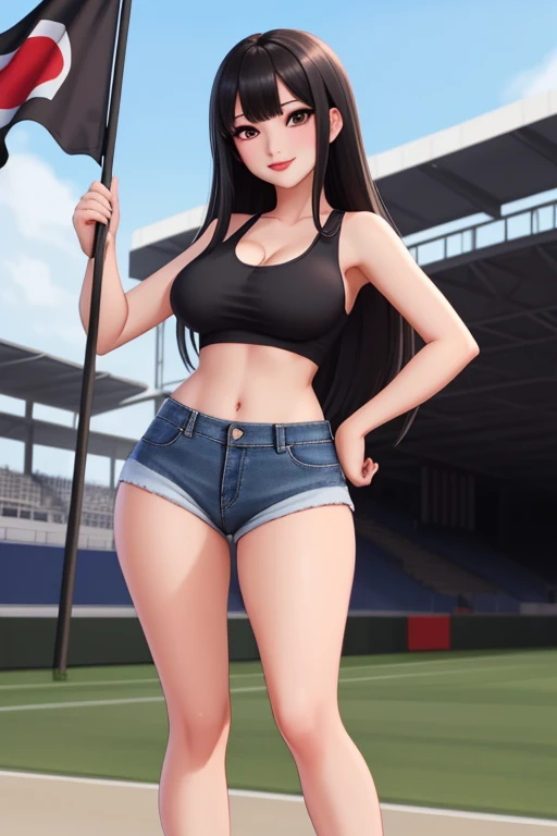 (best quality:1.3), (4K quality), (Detailed face:1.2), (Detailed eyes:1.2), 1girl, solo, Taiwanese woman, long black hair, With bangs,1 female in, 28 yo, Beautiful face, glossy lips, red lipstick, closed mouth, smirk, big breasts, deep cleavage, pale skin, smiling, teeth, ((Wearing: Black tight tank top, Tight Denim short-shorts, black high-heel shoes)), ((holding a flag:1.3)), ((Background: Outside, empty race track)), the woman is an race queen,
