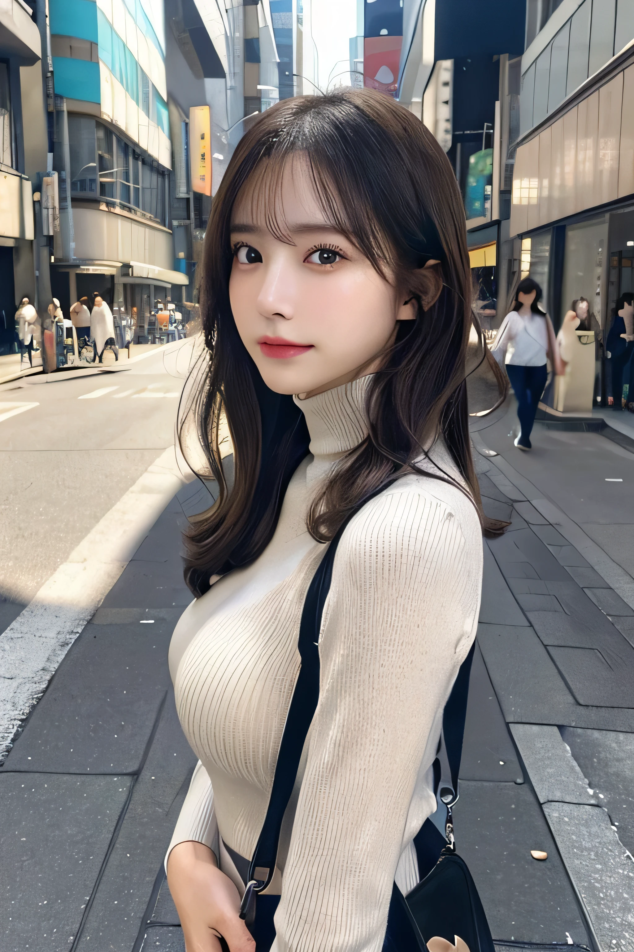 (Colossal tits、Turtleneck sweater、shoulder bags)、(top-quality,masterpiece:1.3,Ultra-high resolution,),(ultra - detailed,Caustics),(Reality:1.4,RAW shooting,)Hyper-realistic capture,A very detailed one,HD 16K human skin、 Natural skin texture、、Skin looks healthy、even skintone、 Use natural light and color,A woman who is,japanes,,kawaii,A brunette one,mid hair,(depth of fields、color difference、、Wide range of lighting、naturalshadow、)、(Hair swaying in the wind:1.2)、Streets of Tokyo、Large Breasts、