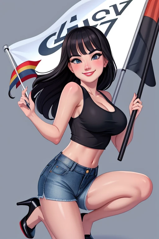 (best quality:1.3), (4K quality), (Detailed face:1.2), (Detailed eyes:1.2), 1girl, solo, Taiwanese woman, long black hair, With bangs,1 female in, 28 yo, Beautiful face, glossy lips, red lipstick, closed mouth, smirk, big breasts, deep cleavage, pale skin, smiling, teeth, ((Wearing: Black tight tank top, Tight Denim short-shorts, black high-heel shoes)), ((holding a flag:1.3)), ((Background: Outside, empty race track)), the woman is an race queen,