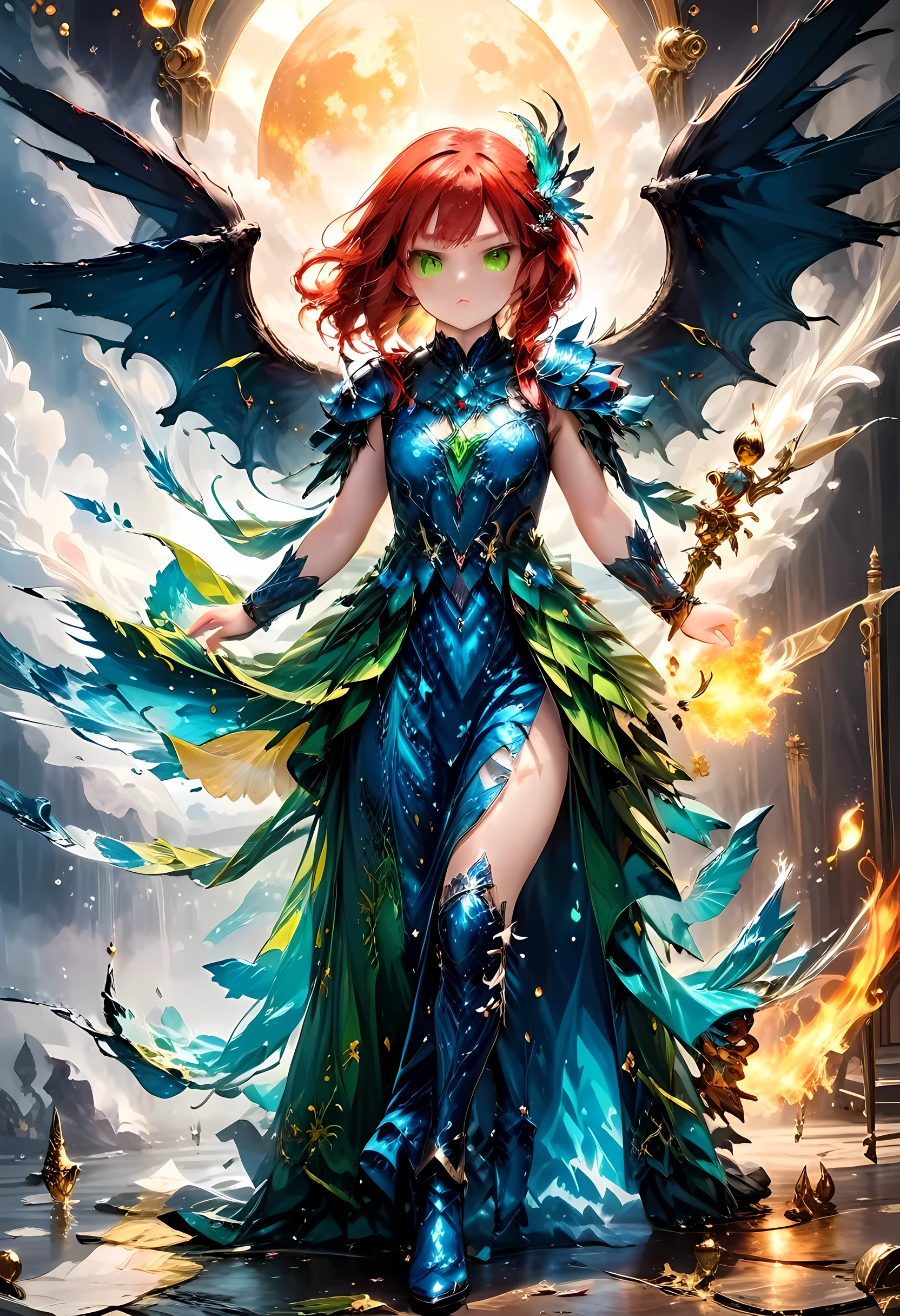 16k, ultra detailed, masterpiece, best quality, (extremely detailed), arafed, dnd art, panoramic view, full body, aasimar, female, (Masterpieceת intense details:1.3), female, sorceress, casting flaming spell(Masterpieceת intense details:1.3) large feathered wings,(white: 1.3) angelic wings spread (Masterpieceת intense details:1.3), fantasy magical heaven background (Masterpieceת intense details:1.3), moon, stars, clouds, wearing (azure: 1.3) armor (Masterpieceת intense details:1.3), high heeled boots (Masterpieceת intense details:1.3), armed with staff, (red hair: 1.4), (green eyes: 1.4), intense eyes, ultra feminine, ultra detailed face, (Masterpieceת intense details:1.5), (anatomically correct: 1.5), determined face, divine light, cinematic lighting, soft light, silhouette, photorealism, panoramic view ((Masterpieceת intense details:1.3) , Wide-Angle, Ultra-Wide Angle, 16k, highres, best quality, faize, 2.5D rendering, evening dress