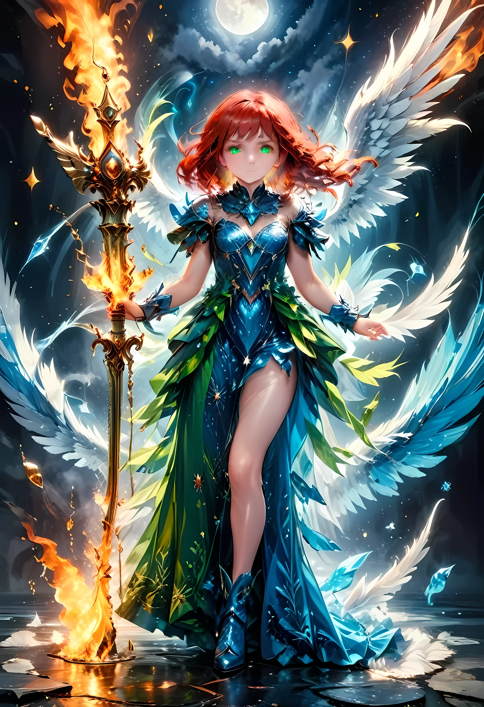16k, ultra detailed, masterpiece, best quality, (extremely detailed), arafed, dnd art, panoramic view, full body, aasimar, female, (Masterpieceת intense details:1.3), female, sorceress, casting flaming spell(Masterpieceת intense details:1.3) large feathered wings,(white: 1.3) angelic wings spread (Masterpieceת intense details:1.3), fantasy magical heaven background (Masterpieceת intense details:1.3), moon, stars, clouds, wearing (azure: 1.3) armor (Masterpieceת intense details:1.3), high heeled boots (Masterpieceת intense details:1.3), armed with staff, (red hair: 1.4), (green eyes: 1.4), intense eyes, ultra feminine, ultra detailed face, (Masterpieceת intense details:1.5), (anatomically correct: 1.5), determined face, divine light, cinematic lighting, soft light, silhouette, photorealism, panoramic view ((Masterpieceת intense details:1.3) , Wide-Angle, Ultra-Wide Angle, 16k, highres, best quality, faize, 2.5D rendering, evening dress