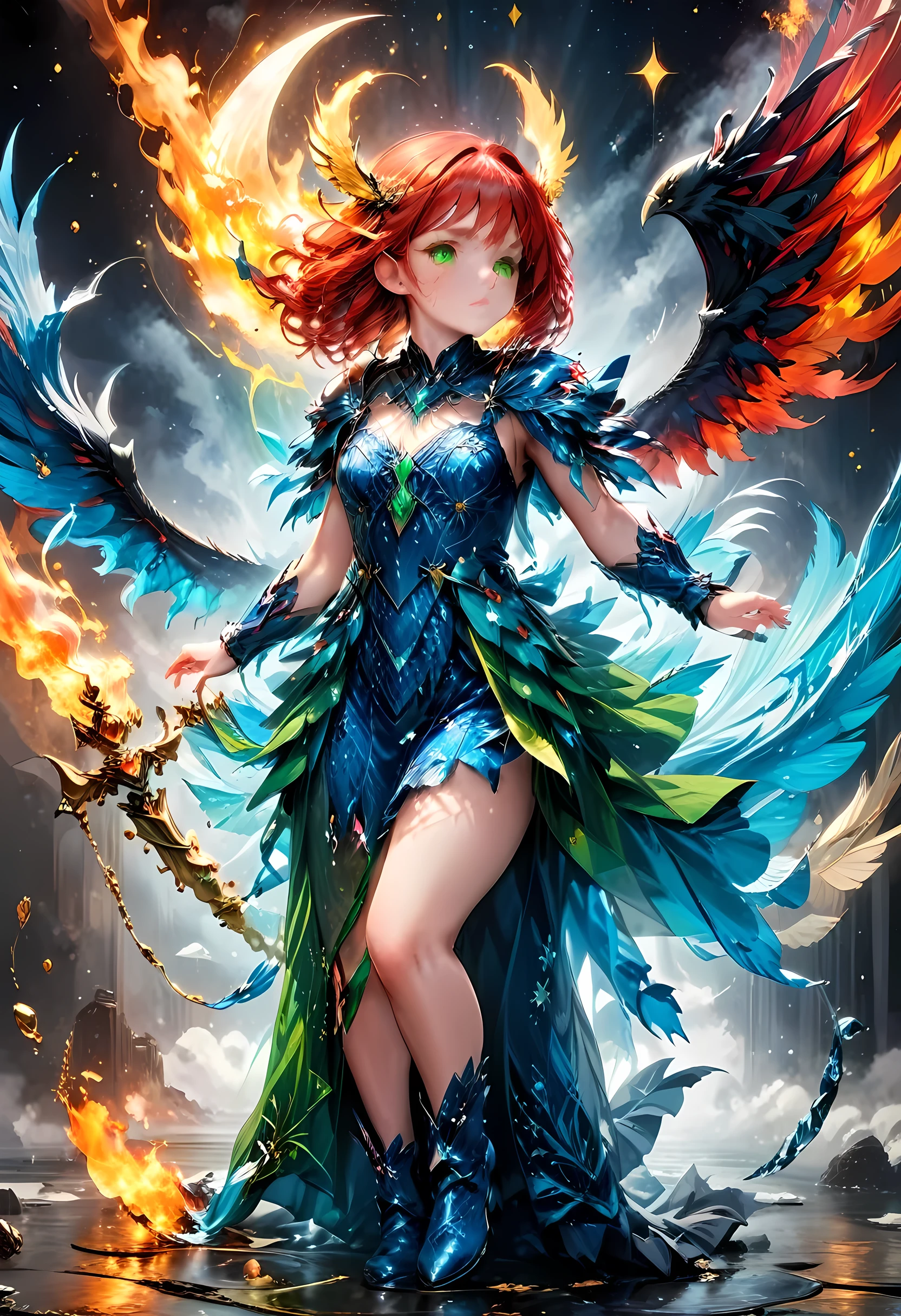 16k, ultra detailed, masterpiece, best quality, (extremely detailed), arafed, dnd art, panoramic view, full body, aasimar, female, (Masterpieceת intense details:1.3), female, sorceress, casting flaming spell(Masterpieceת intense details:1.3) large feathered wings,(white: 1.3) angelic wings spread (Masterpieceת intense details:1.3), fantasy magical heaven background (Masterpieceת intense details:1.3), moon, stars, clouds, wearing (azure: 1.3) armor (Masterpieceת intense details:1.3), high heeled boots (Masterpieceת intense details:1.3), armed with staff, (red hair: 1.4), (green eyes: 1.4), intense eyes, ultra feminine, ultra detailed face, (Masterpieceת intense details:1.5), (anatomically correct: 1.5), determined face, divine light, cinematic lighting, soft light, silhouette, photorealism, panoramic view ((Masterpieceת intense details:1.3) , Wide-Angle, Ultra-Wide Angle, 16k, highres, best quality, faize, 2.5D rendering, evening dress