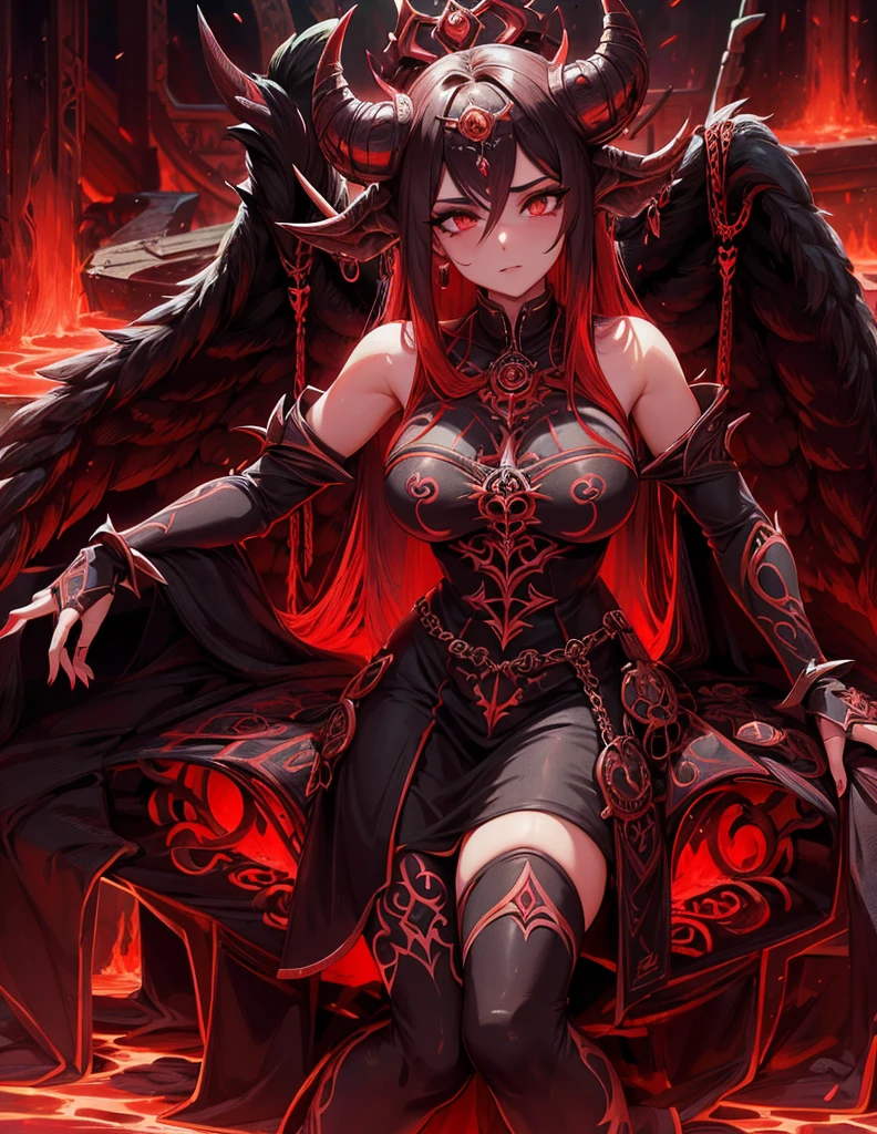 un primer plano de una mujer vestida de rojo con cuernos, hermosa y elegante reina demonio, hechicera oscura full view, high resolution commission, succubus in short tight dress, samira de liga de leyendas, hechicera oscura, /!\ la hechicera, reina de la oscuridad, poderosa hechicera regordeta, omen from valorant