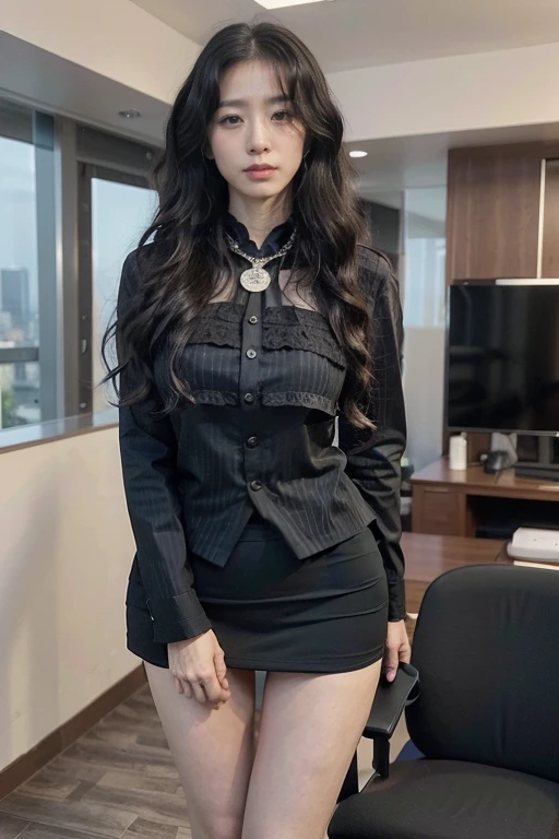 A middle-aged woman standing in the office, Has black wavy hair, (Complex business attire、Lace、stripe、badge), Full figure, Long legs,Exquisite facial features, Lifelike image quality, An Asian woman, Age about 40 years, Surrealism