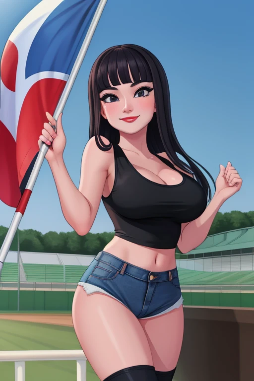 (best quality:1.3), (4K quality), (Detailed face:1.2), (Detailed eyes:1.2), 1girl, solo, Taiwanese woman, long black hair, With bangs,1 female in, 28 yo, Beautiful face, glossy lips, red lipstick, closed mouth, smirk, big breasts, deep cleavage, pale skin, smiling, teeth, ((Wearing: Black tight tank top, Tight Denim short-shorts, black high-heel shoes)), ((holding a flag:1.3)), ((Background: Outside, empty race track)), the woman is an race queen,