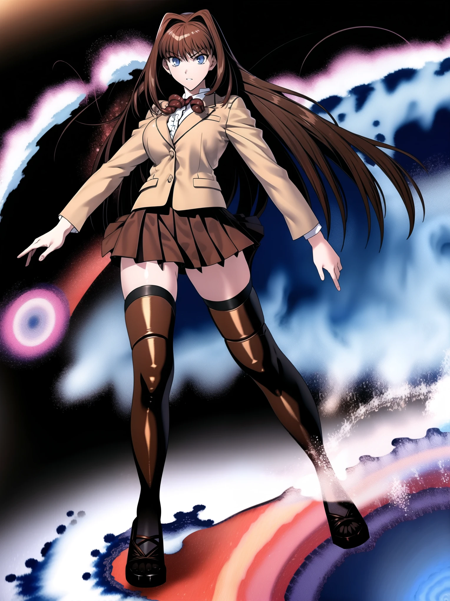 BREAK, centered. BREAK, (EMPTY BACKGROUND), BREAK, (masterpiece), best quality, high resolution, 8k, illustration, (beautiful detailed eyes:1.5), extremely detailed face, extremely detailed body, CG, perfect hands, perfect anatomy, (((1girl))), ((solo)), (((bbaoko))), ((2 legs max)), ((2 feet max:1.6)), ((swirling vortex shaped longest brown hair:1.5)), (brown longest hair with slightly reddish undertone:1.6), (lush luscious longest brown hair:1.6), (very long voluminous longest brown hair:1.5), serious, blue eyes, red bowtie, (Form-fitting beige blazer:1.5), brown jacket, (highly detailed beautiful face:1.2), (white shirt:1), (well shaped large breasts:1.6), (nice hips:1), (((Umber pleated thigh-high skirt:1.6))), (((black bike shorts:1.4))), (toned thighs:1.6), (black kneesocks:1.6), (strap shoes brown color), (facing front:1.5), ((standing straight:1.5)), ((Fullbody in frame:1.6)), ((Full body:1.5)), ((takeuchi takashi:1.3))