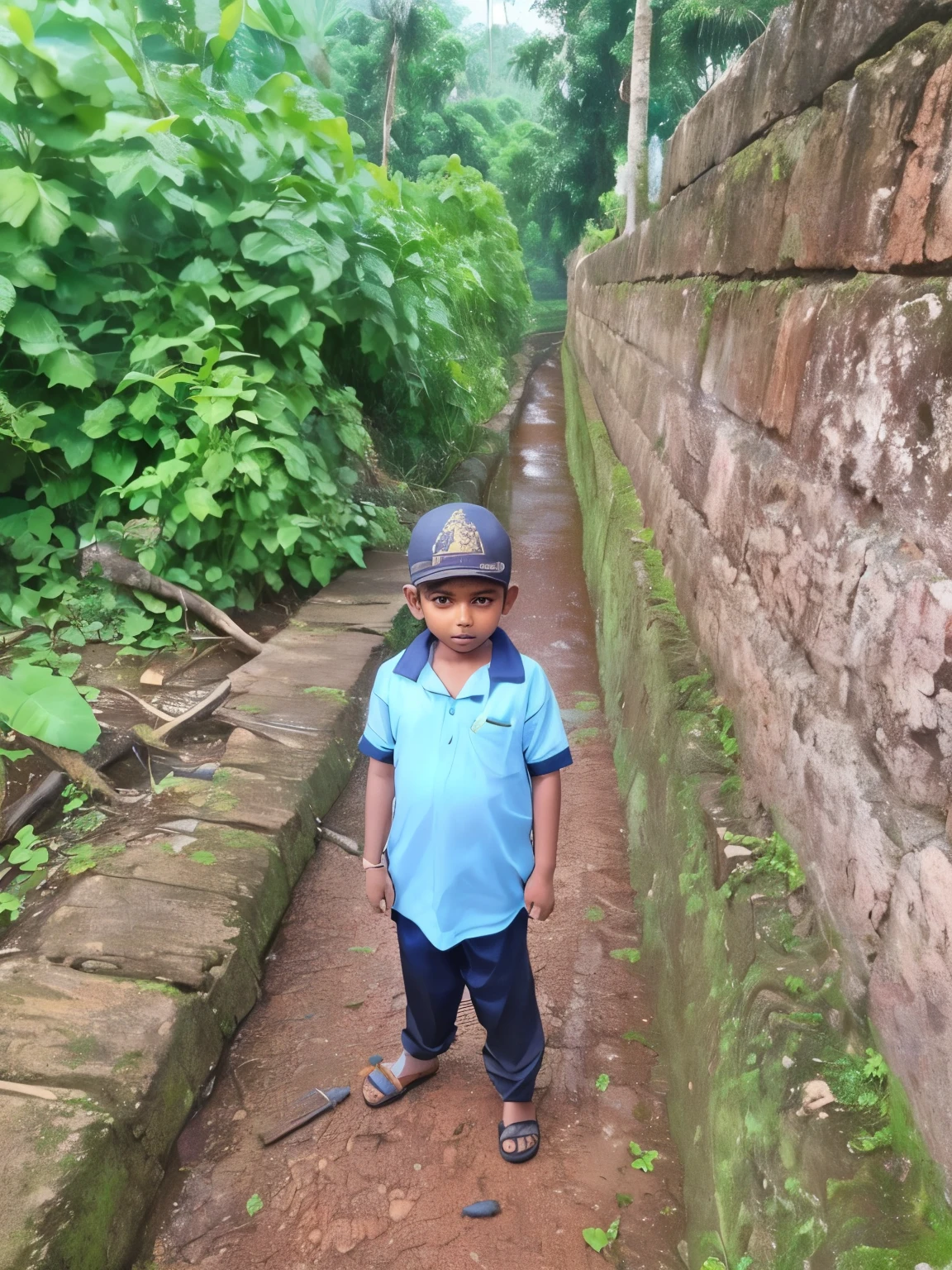 The boy in the image is standing near a beautiful Kerala river