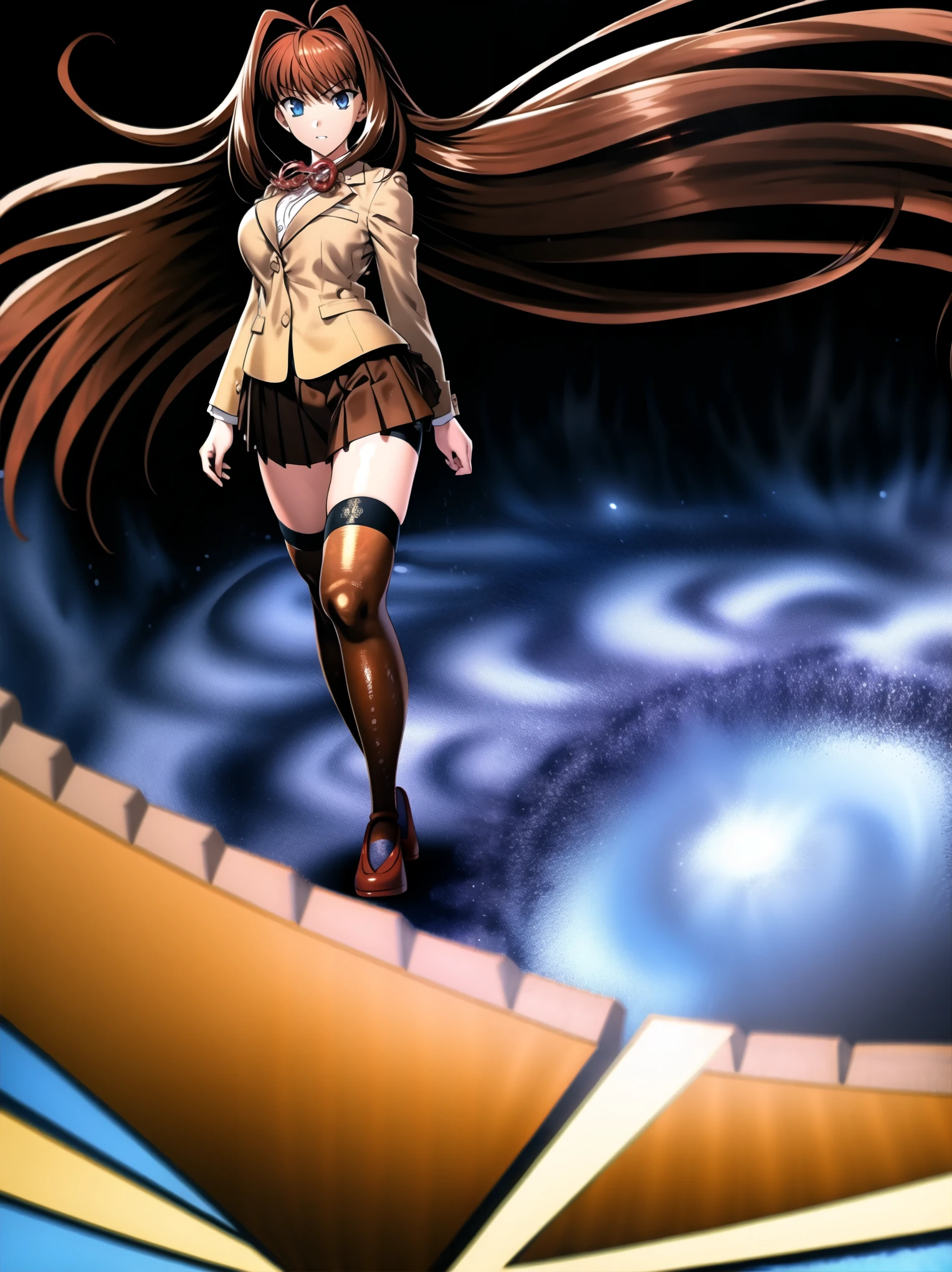 BREAK, centered. BREAK, (EMPTY BACKGROUND), BREAK, (masterpiece), best quality, high resolution, 8k, illustration, (beautiful detailed eyes:1.5), extremely detailed face, extremely detailed body, CG, perfect hands, perfect anatomy, (((1girl))), ((solo)), (((bbaoko))), ((2 legs max)), ((2 feet max:1.6)), ((swirling vortex shaped longest brown hair:1.5)), (brown longest hair with slightly reddish undertone:1.6), (lush luscious longest brown hair:1.6), (very long voluminous longest brown hair:1.5), serious, blue eyes, red bowtie, (Form-fitting beige blazer:1.5), brown jacket, (highly detailed beautiful face:1.2), (white shirt:1), (well shaped large breasts:1.6), (nice hips:1), (((Umber pleated thigh-high skirt:1.6))), (((black bike shorts:1.4))), (toned thighs:1.6), (black kneesocks:1.6), (strap shoes brown color), (facing front:1.5), ((standing straight:1.5)), ((Fullbody in frame:1.6)), ((Full body:1.5)), ((takeuchi takashi:1.3))
