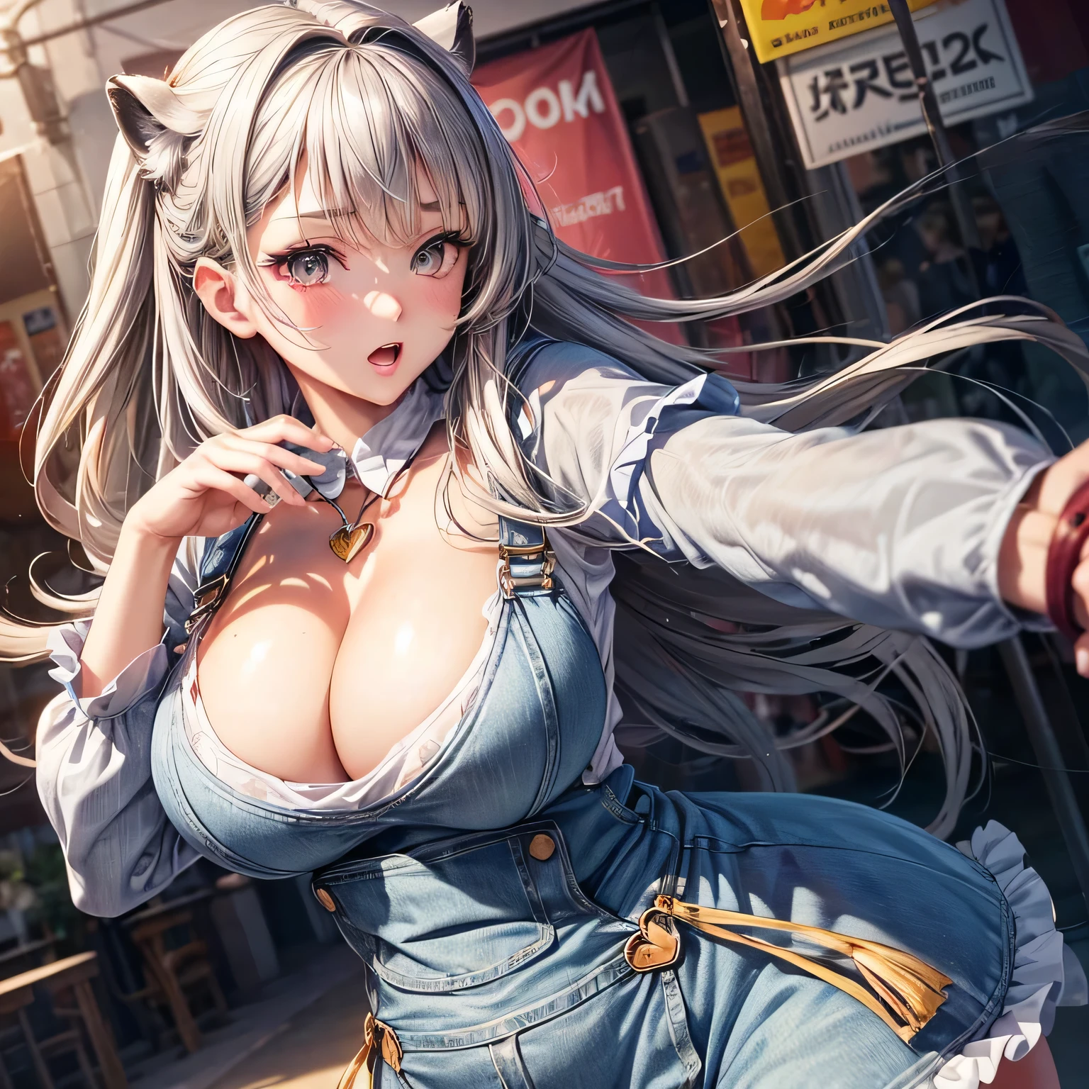 ((masterpiece, highest quality, High resolution, Hmm, RTX, perfect pixel, Depth of the bounds written, 2k, very detailed))), 1 girl, single, alone, beautiful anime girl, beautiful art style, anime character, (grey leopard ears, long hair, parted bangs, middle part bangs, Grey hair)), ((grey eyes:1.4, round eyes, beautiful eyelashes, realistic eyes)), ((detailed face, blush:1.2)), ((smooth texture:0.75, realistic texture:0.65, realistic:1.1, Anime CG style, Bright colors)), ((((enormous breasts, cleavage:2.0, enormous breasts)))), dynamic angle, perfect body, ((throw, dynamic pose, close)), ((white shirt, overalls, heart Necklace)), open your mouth, embarrassing, amusement park