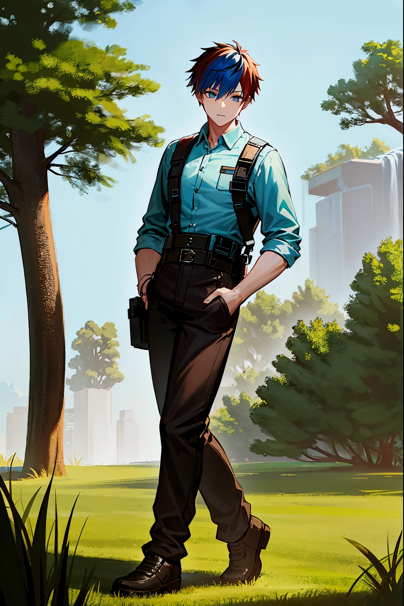 multi-color haired, two toned hair, young male, muscular, water in the background, surrounded by grass, gun holster on hip