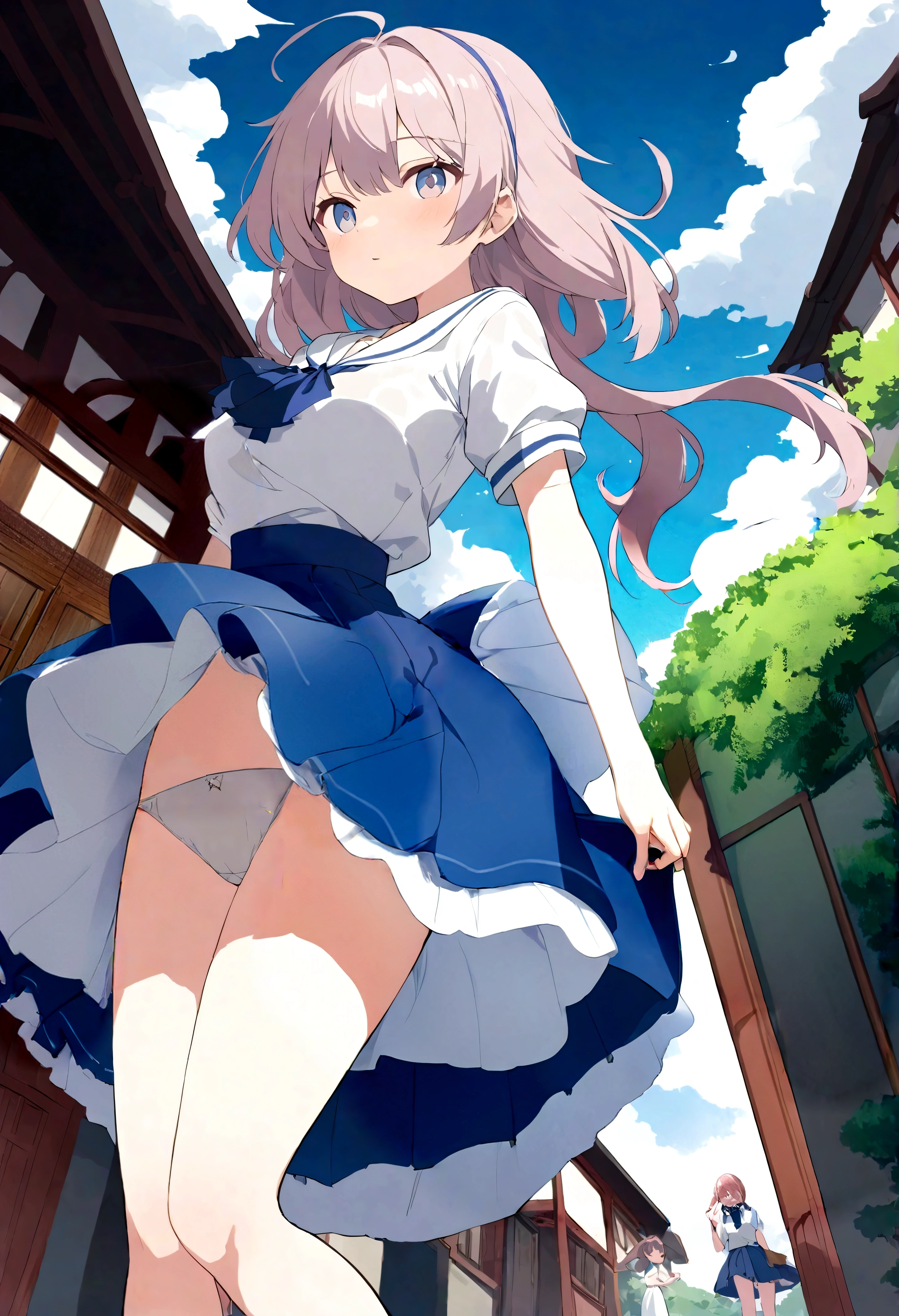 The skirt is blown up by the wind、