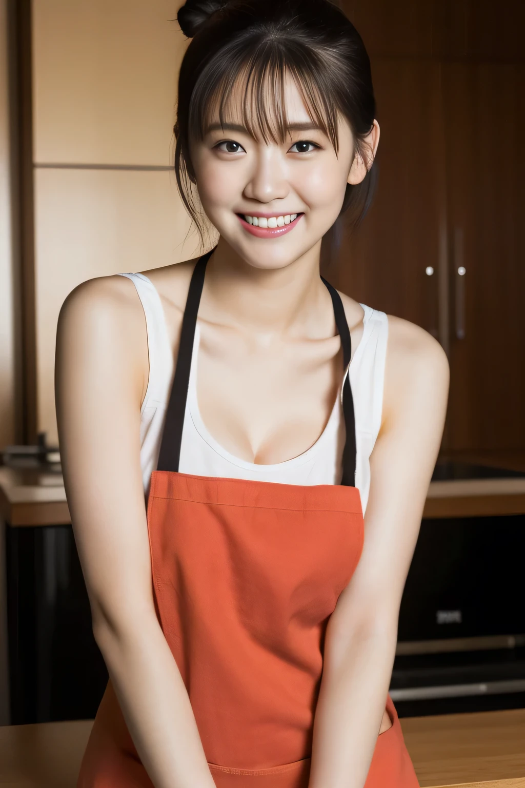 A woman is cooking, In the kitchen, Wearing a naked apron,(Naked Apron,Dark red apron,Short apron),(Hair Bun,curly,Black Hair),Medium Shot,smile,smile,Big round box,(cover-),Slim figure, Sweaty skin,(mole,pores),Realistic,Realistic:1.37, Tabletop, highest quality,Hmph,Highly detailed skin,Detailed face,Amazing eye for detail,Beautiful and delicate,Detailed clothing,High resolution photos,Professional Light,Cinema Lighting, Cleavage、　Thighs、　
