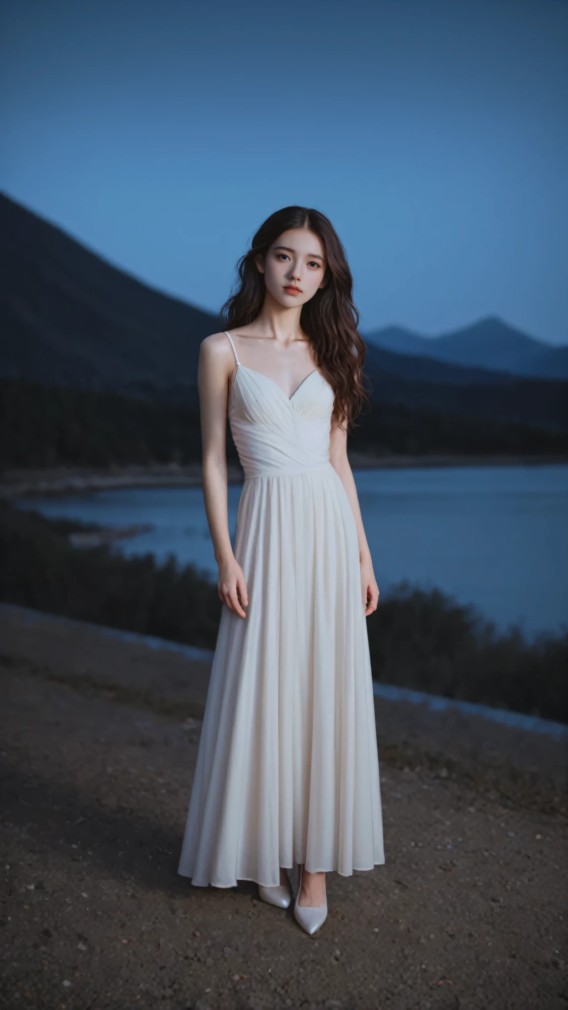 score_9,score_8_up,score_7_up,elegant woman in a moonlit landscape, detailed portrait, beautiful flowing hair, graceful pose, slender figure, mountain and river background, dreamlike atmosphere, photorealistic, high quality, highly detailed, masterpiece, (best quality,4k,8k,highres,masterpiece:1.2),ultra-detailed,(realistic,photorealistic,photo-realistic:1.37),HDR,UHD,studio lighting,ultra-fine painting,sharp focus,physically-based rendering,extreme detail description,professional,vivid colors,bokeh,portrait,landscape,night,moonlight,starry sky,mountains,rivers,long hair,high heels,graceful,elegant,charming,seductive,confident,cold,beautiful,slender