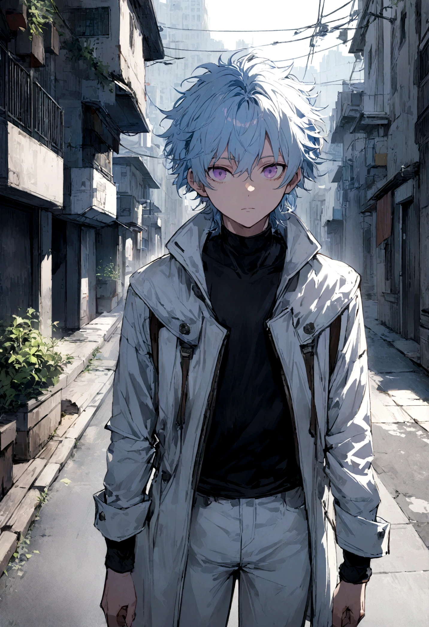 1male, light blue hair, short scruffed messy hair, light purple eyes, white short coat, black undershirt, white jeans, expressionless, city background, standing on path, detailed face, detailed background