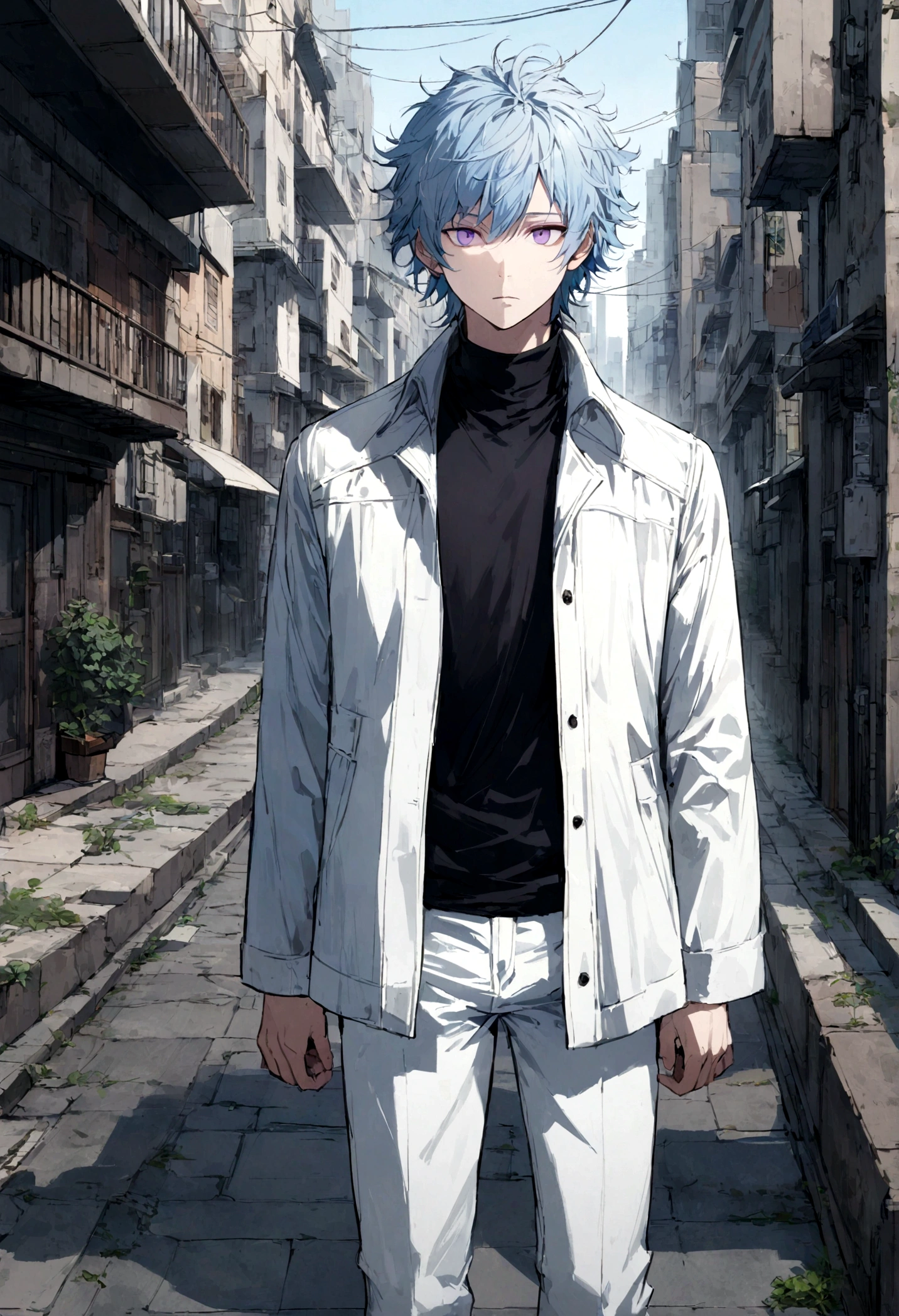 1male, light blue hair, short scruffed messy hair, light purple eyes, white short coat, black undershirt, white jeans, expressionless, city background, standing on path, detailed face, detailed background