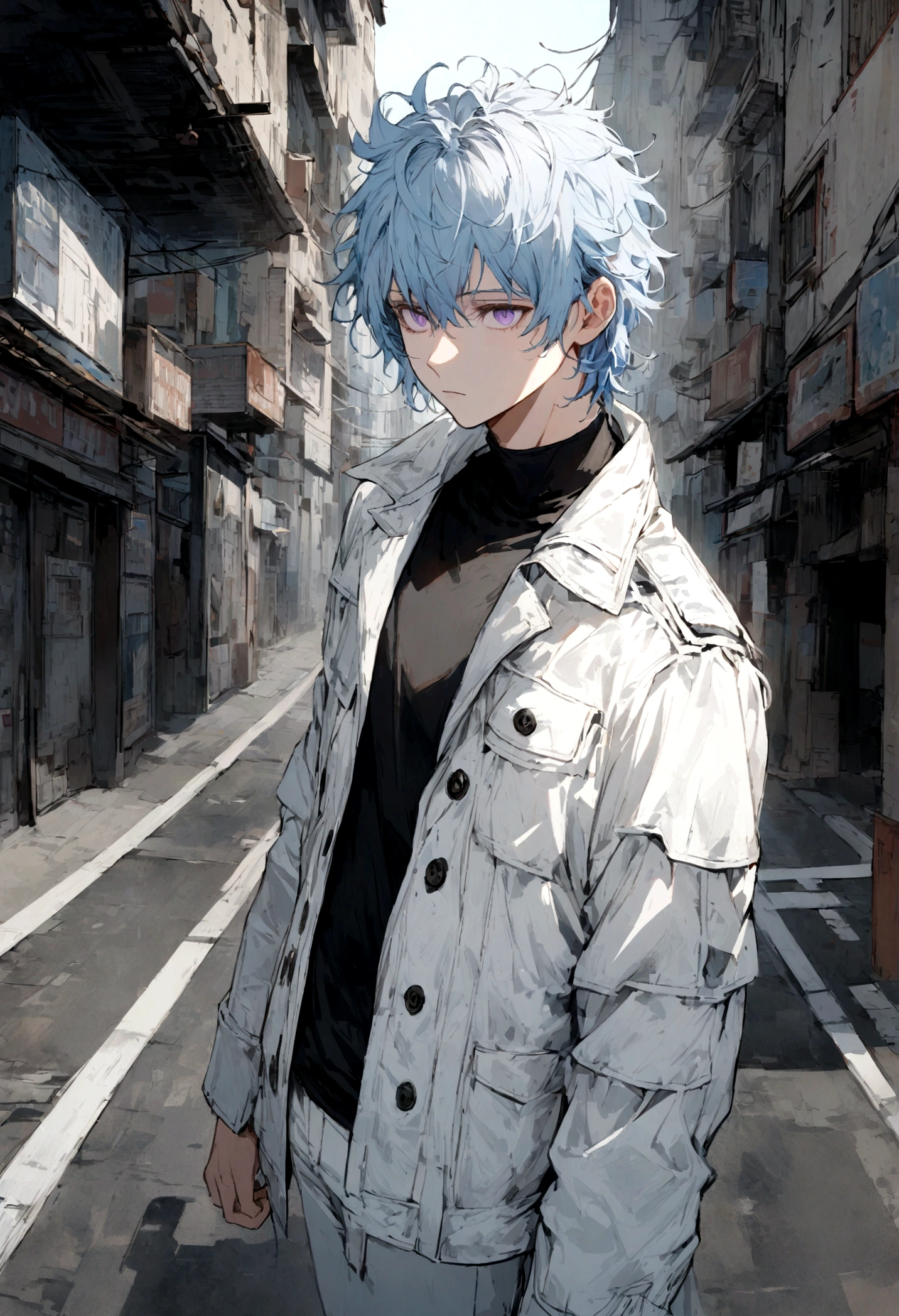 1male, light blue hair, short scruffed messy hair, light purple eyes, white short coat, black undershirt, white jeans, expressionless, city background, standing on path, detailed face, detailed background