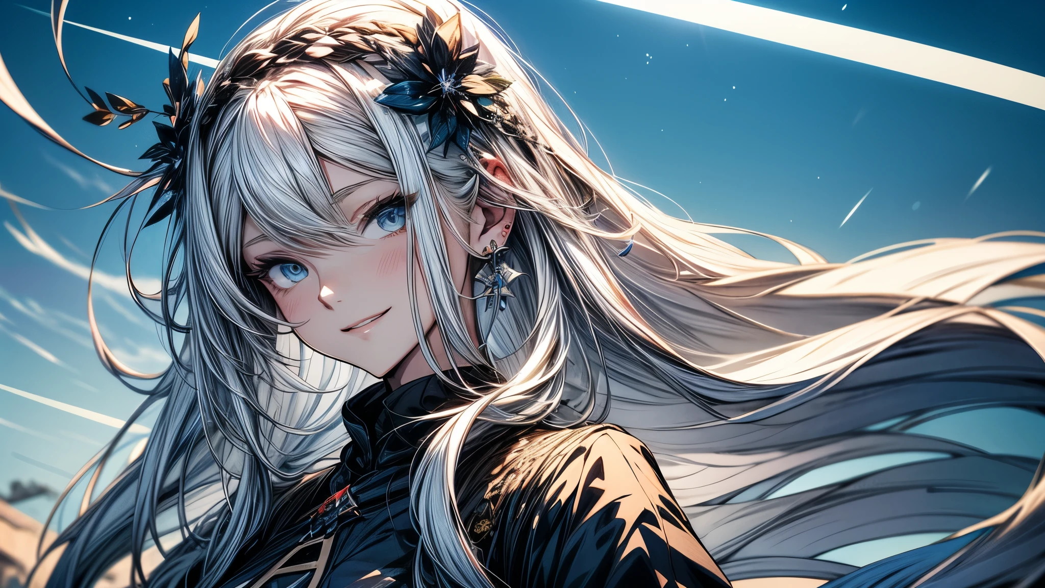Cover magazine, anime, woman, solo, long hair, white hair, blue eyes, model, beautiful, fantasy, Casual clothes. Hair accessories. Unusual hairstyles. Earrings. Smile. Sunny girl. Upper body potrait.