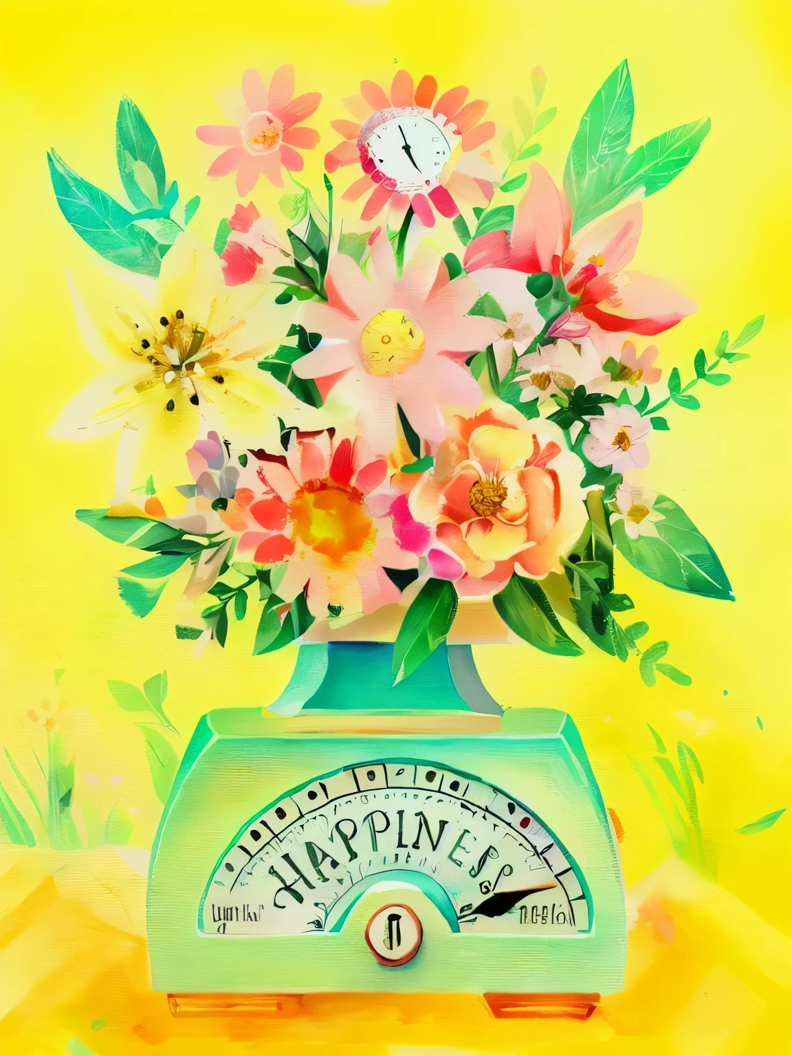 a painting of a scale with flowers on it and a clock, by Sydney Carline, bright and happy, by Laura Wheeler Waring, illustrated in whimsical style, inspired by Nancy Carline, inspired by Laura Wheeler Waring, inspired by Hilda Annetta Walker, inspired by Maksimilijan Vanka, magazine illustration, by Judith Brown, painterly illustration