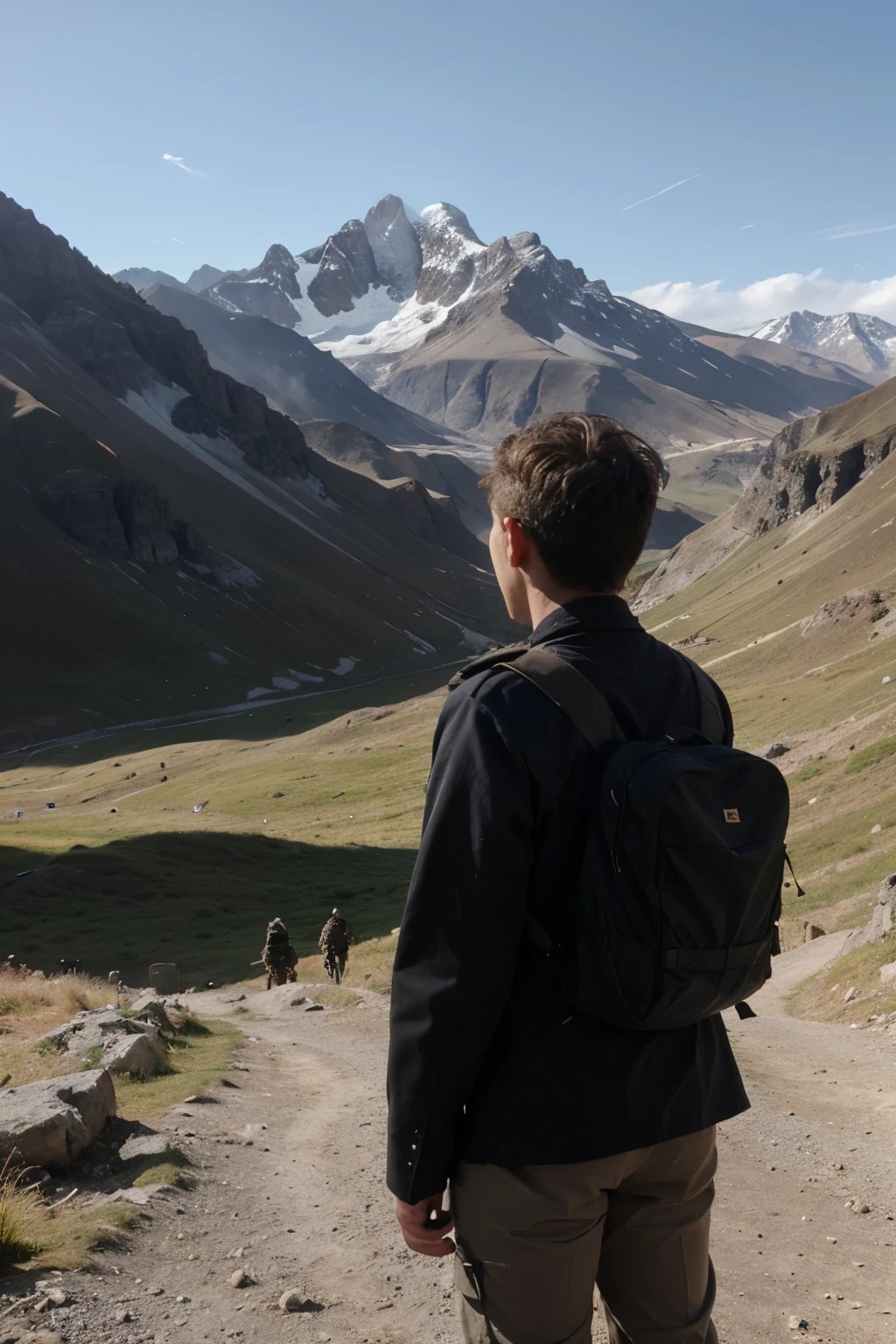 landscape of mountains in the back there will be mountains in the distance and some soldiers at war as silhouettes and in the front there will be a boy with his back dressed as a shepherd with a cow