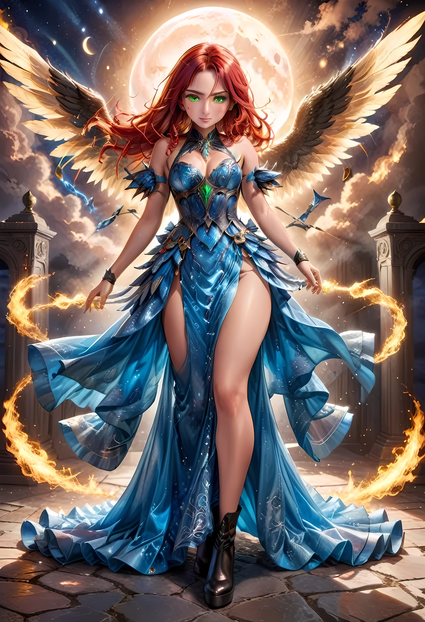 BEAUTIFUL angel with great WINGS with red emerald hair Standing by the door, full body a woman whose beauty rivals that of a goddess. Her presence commands attention, and her allure is undeniable. Adorned in a breathtakingly , she exudes a captivating confidence. Her skin, like porcelain, glows with an ethereal radiance, as if kissed by the heavens themselves. Every glance reveals a flawless canvas, a testament to her timeless BEAUTY.Her hair cascades in lustrous waves, a midnight black that glistens with each subtle movement. It frames her face like a halo, adding an air of mystery and enchantment to her already mesmerizing features.As the car glides through the city streets, her beauty seems to draw the gaze of passersby, leaving them spellbound by her mere presence. In that moment, she becomes a vision of grace and charm, a celestial being gracing the mortal realm with her divine allure, High-quality images exhibit attributes such as sharpness, clarity, fine-grained detail, color accuracy, vibrant tones, dynamic range, well-exposed composition, stunning clarity, impressive tonal range, remarkable sharpness, artistic composition, captivating angles, noise-free, high-resolution, true-to-life representation, beautiful bokeh effect, luminous highlights, distinct textures, natural skin tones, enhanced saturation, high-fidelity, and lasting impression.