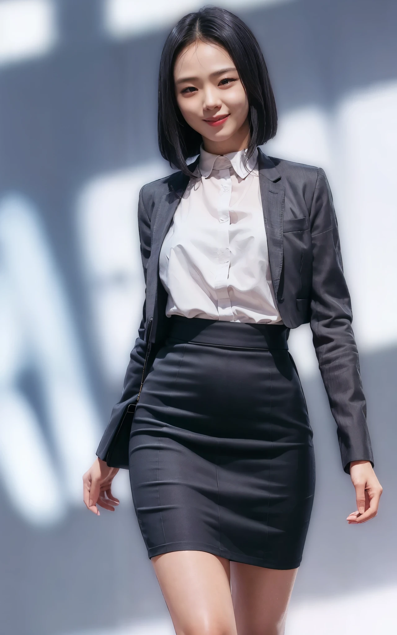 masterpiece, extremely detailed, very sharp, best quality, gray office suit, shirt, short pencil skirt, smile, bob hair, waist shot