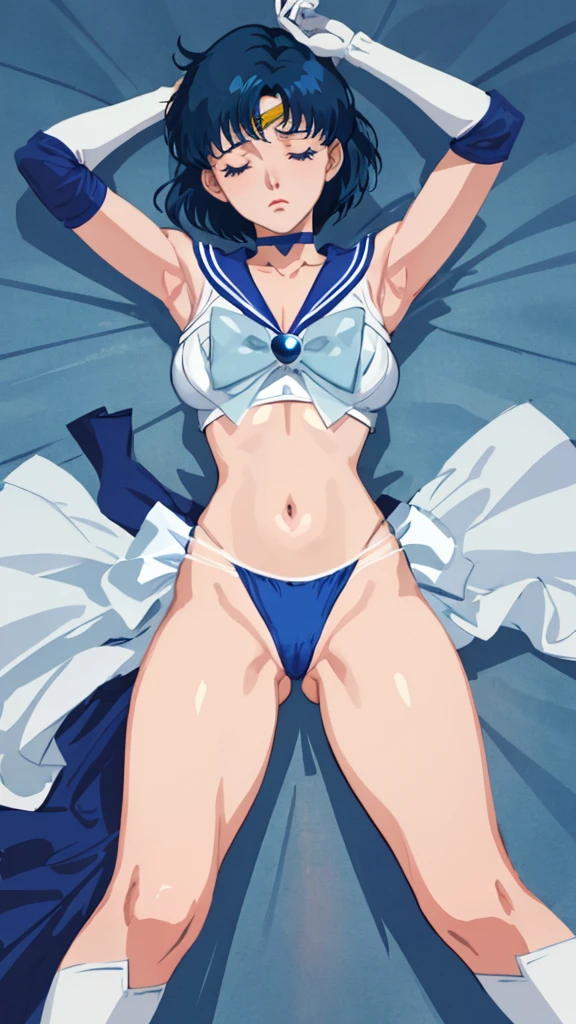 sailor mercury , Tennager , blue hair, tiara, jewelry,, 1girl, solo, medium breasts, crop top White, blue panties , blue sailor collar, choker, elbow gloves, white gloves, death , closed eyes , Lying in the floor, arms up , open legs, front to front, Drawing anime classic Naoko Takeoshi