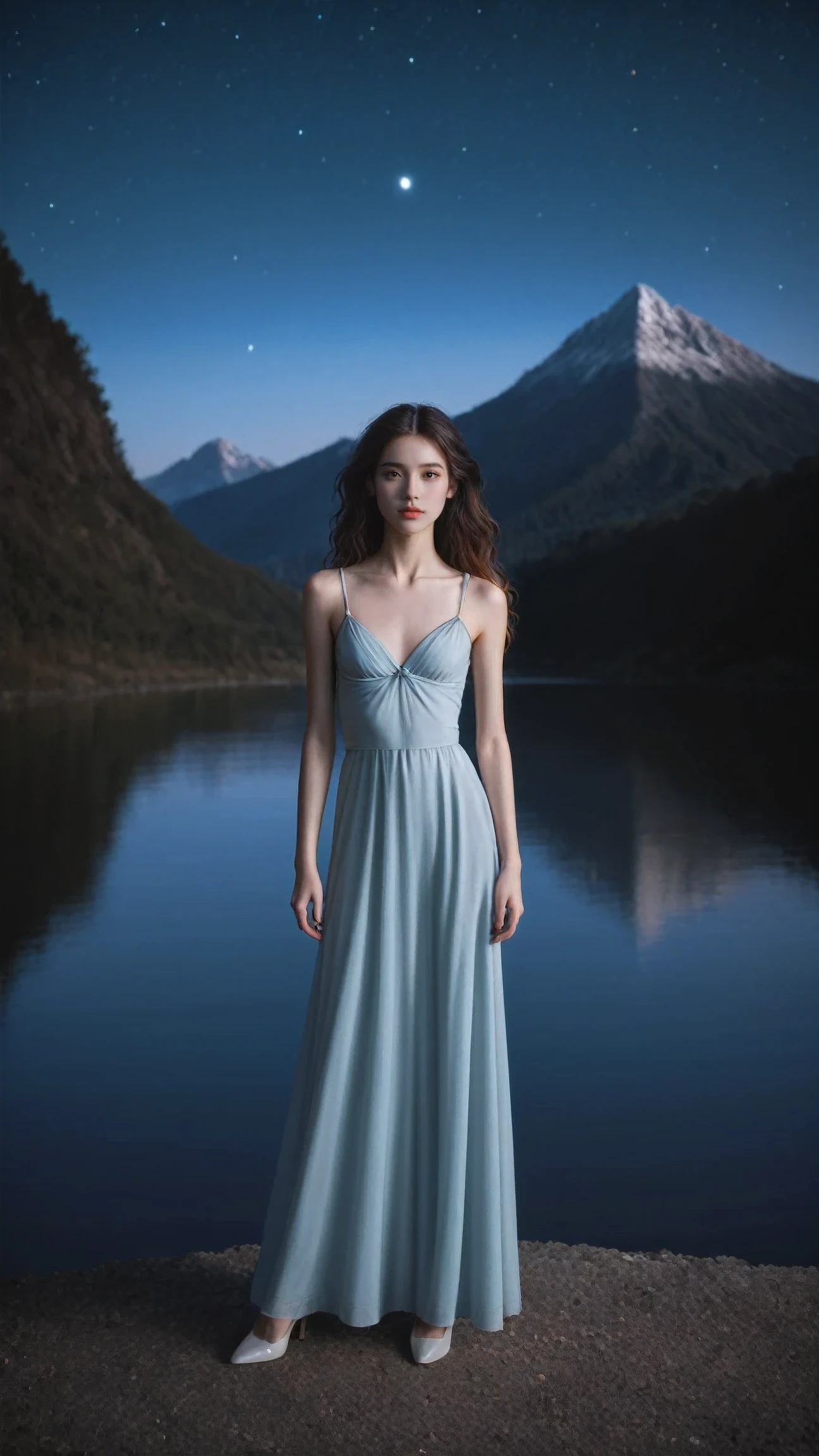 score_9,score_8_up,score_7_up,elegant woman in a moonlit landscape, detailed portrait, beautiful flowing hair, graceful pose, slender figure, mountain and river background, dreamlike atmosphere, photorealistic, high quality, highly detailed, masterpiece, (best quality,4k,8k,highres,masterpiece:1.2),ultra-detailed,(realistic,photorealistic,photo-realistic:1.37),HDR,UHD,studio lighting,ultra-fine painting,sharp focus,physically-based rendering,extreme detail description,professional,vivid colors,bokeh,portrait,landscape,night,moonlight,starry sky,mountains,rivers,long hair,high heels,graceful,elegant,charming,seductive,confident,cold,beautiful,slender