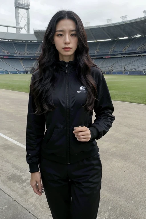 A mature woman standing in a huge stadium, Has black wavy hair, Wear tracksuit, Full figure, Long legs,Exquisite facial features, Lifelike image quality, An Asian woman, Age about 40 years, Surrealism