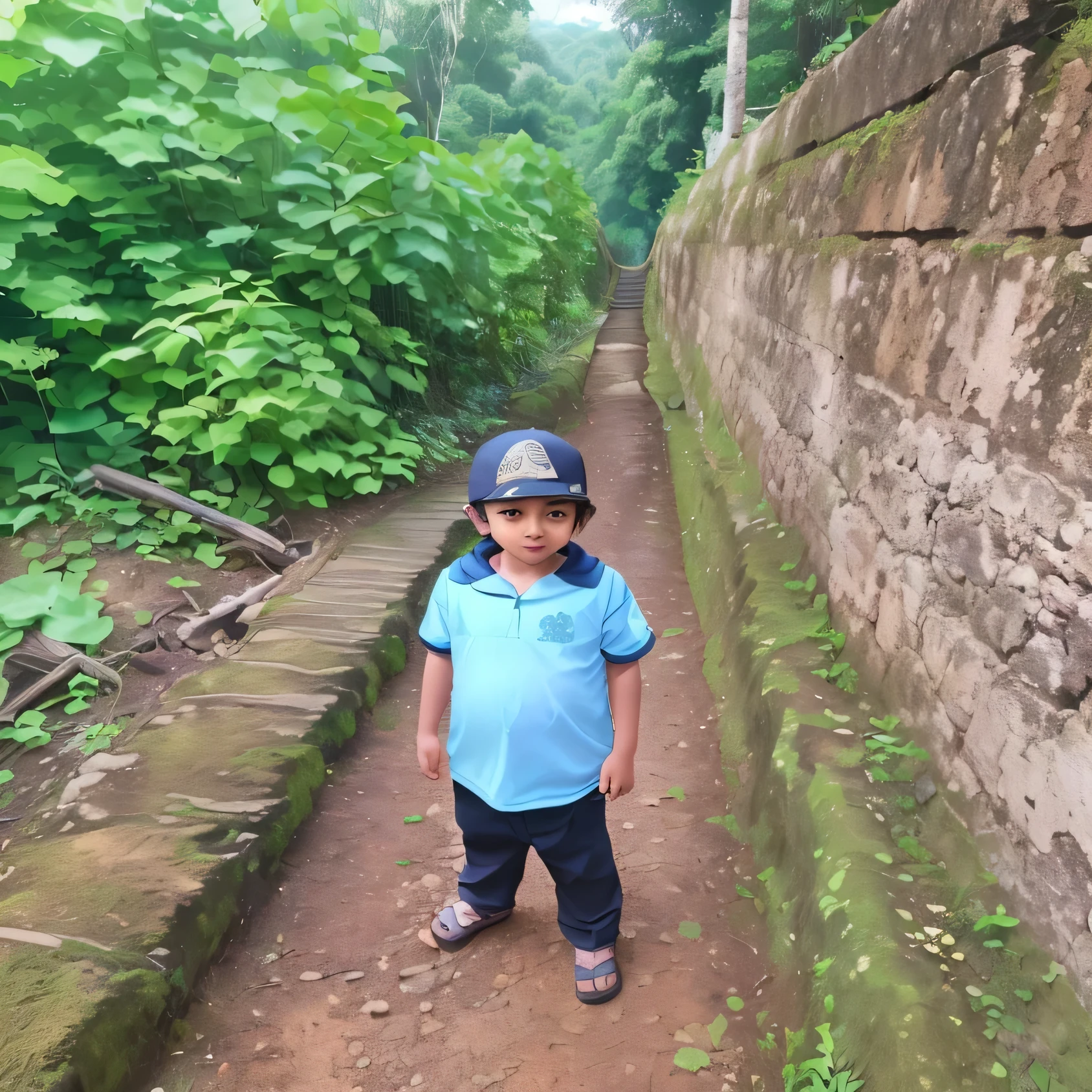 there is a young boy standing on a path in a forest, at an ancient city, connected with hanging bridge!!, amidst nature, in a village, amidst of nature fully covered, in jungle, time to climb the mountain path, in jungle forest, walking at the garden, photo taken in 2 0 2 0, , with a kid, walking boy