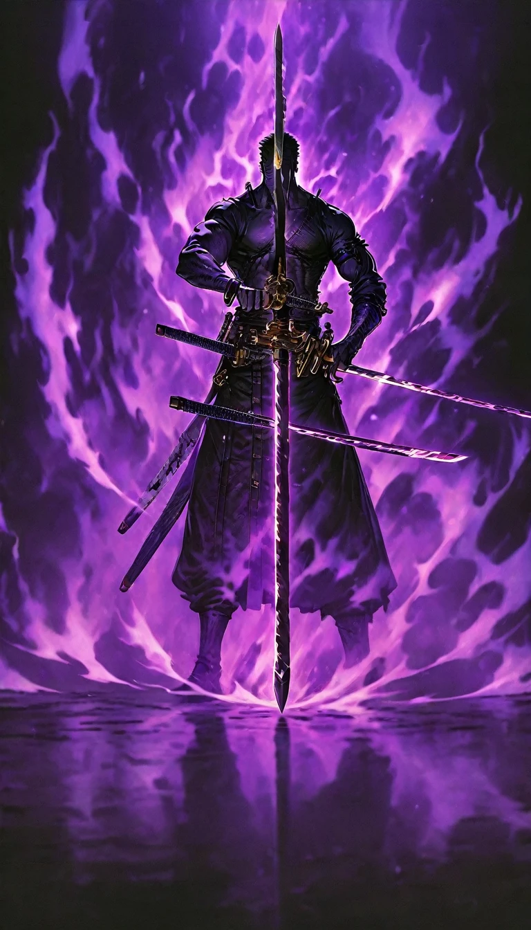 best quality, super fine, 16k, incredibly absurdres, extremely detailed, swordsman, mighty samurai, dull glowing sword, black-purple metallic arm, muscular, purple ominous aura, combat system, wind, wind-effect, background black and purple flame