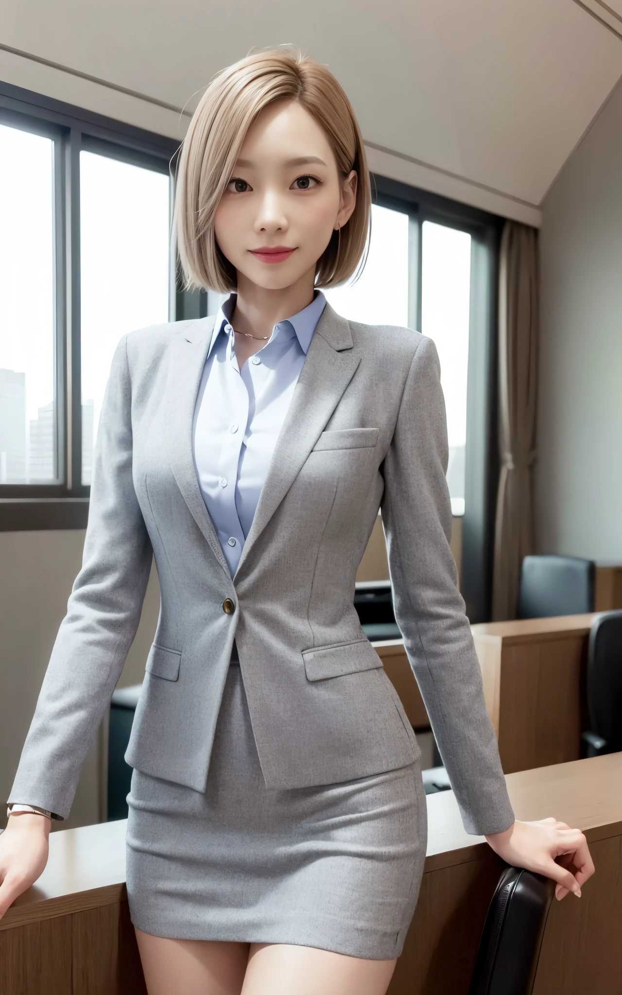 masterpiece, extremely detailed, very sharp, best quality, gray office suit, shirt, short pencil skirt, smile, bob hair, waist shot